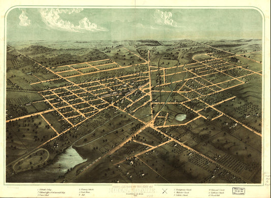 Birds eye view of the city of Hillsdale, Hillsdale Co., Mich. 1866. (1866) – Historic Bird’s-Eye View Panorama Print
