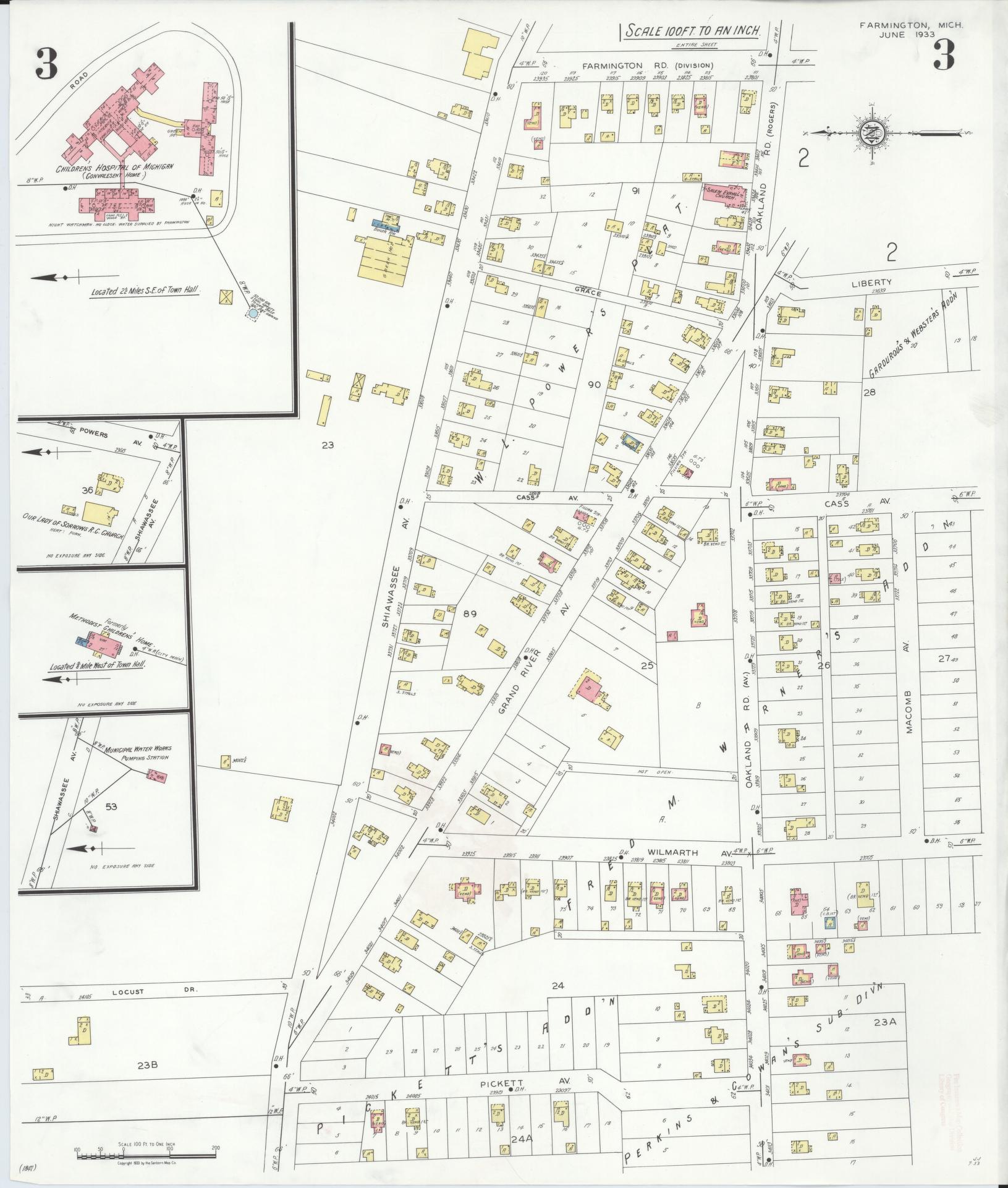 Sanborn Fire Insurance Map from Farmington, Oakland County, Michigan (1933), Sheet #0003 - Complete Map Set gallery image, historic Sanborn map, vintage wall art, Michigan Michigan