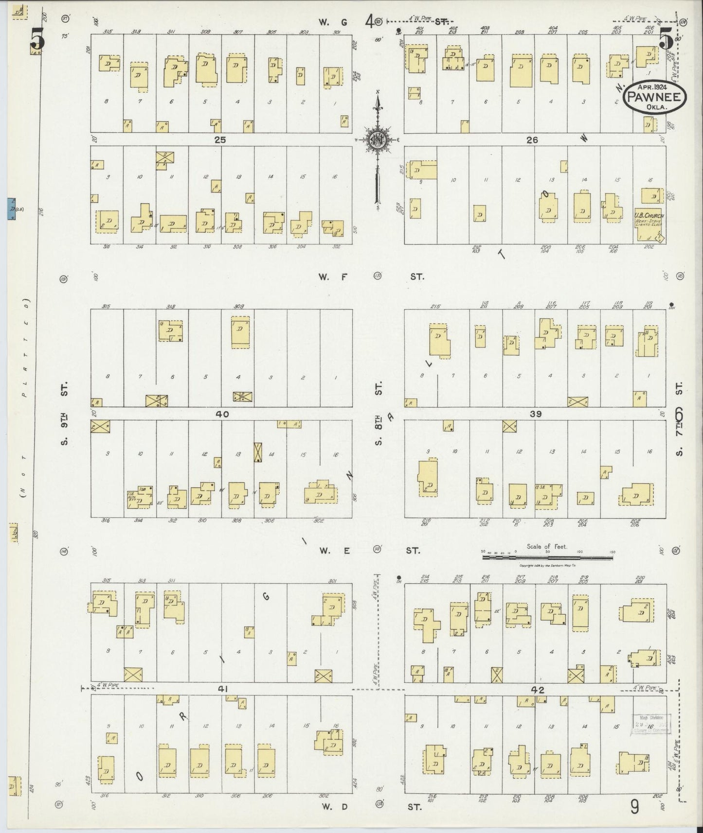 Sanborn Fire Insurance Map from Pawnee, Pawnee County, Oklahoma (1924), Sheet #0005 - Complete Map Set gallery image, historic Sanborn map, vintage wall art, Oklahoma Oklahoma