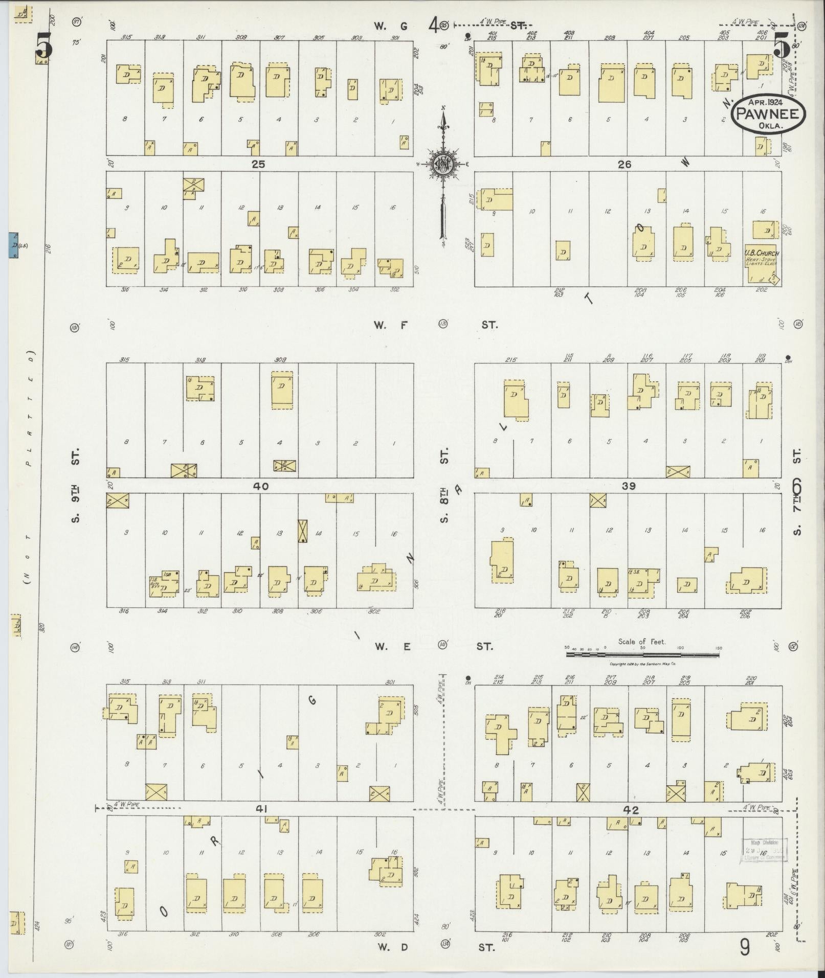 Sanborn Fire Insurance Map from Pawnee, Pawnee County, Oklahoma (1924), Sheet #0005 - Complete Map Set gallery image, historic Sanborn map, vintage wall art, Oklahoma Oklahoma