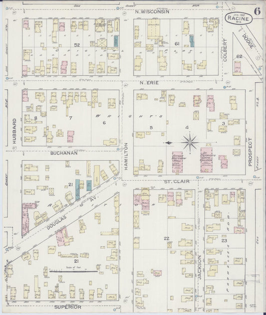 Sanborn Fire Insurance Map from Racine, Racine County, Wisconsin (1887), Sheet #0006 - Historic Sanborn Fire Insurance Map Print, vintage old map wall art, antique decor, genealogy gift, Wisconsin Wisconsin map