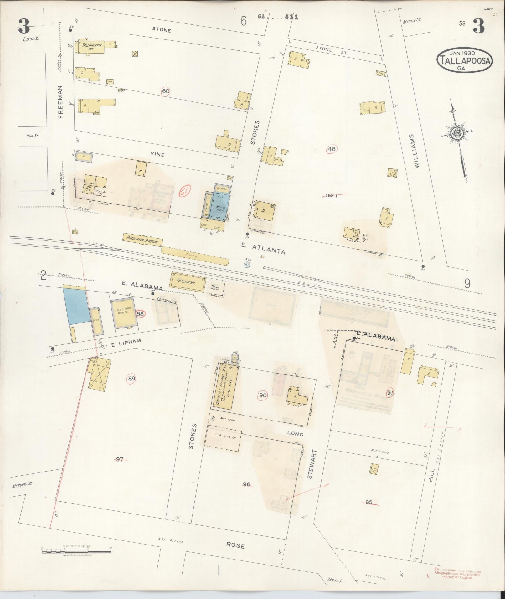 Sanborn Fire Insurance Map from Tallapoosa, Haralson County, Georgia (1939), Sheet #0003 - Historic Sanborn Fire Insurance Map Print, vintage old map wall art, antique decor, genealogy gift, Georgia Georgia map