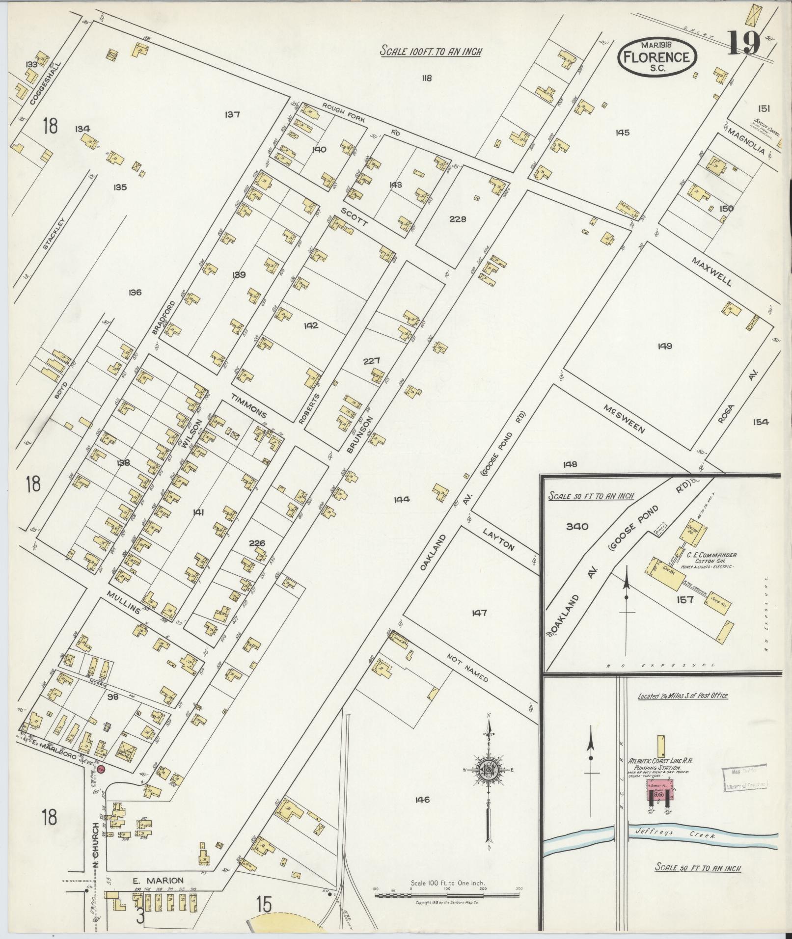 Sanborn Fire Insurance Map from Florence, Florence County, South Carolina (1918), Sheet #0019 - Historic Sanborn Fire Insurance Map Print, vintage old map wall art, antique decor, genealogy gift, South Carolina South Carolina map