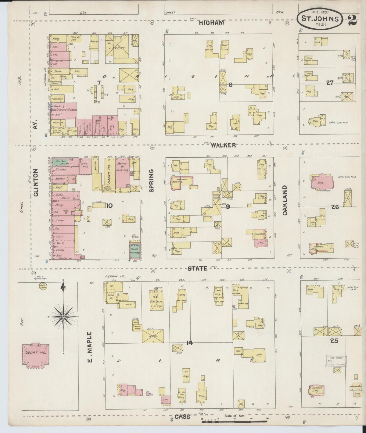 Sanborn Fire Insurance Map from Saint Johns, Clinton County, Michigan (1890), Sheet #0002 - Historic Sanborn Fire Insurance Map Print, vintage old map wall art, antique decor, genealogy gift, Michigan Michigan map