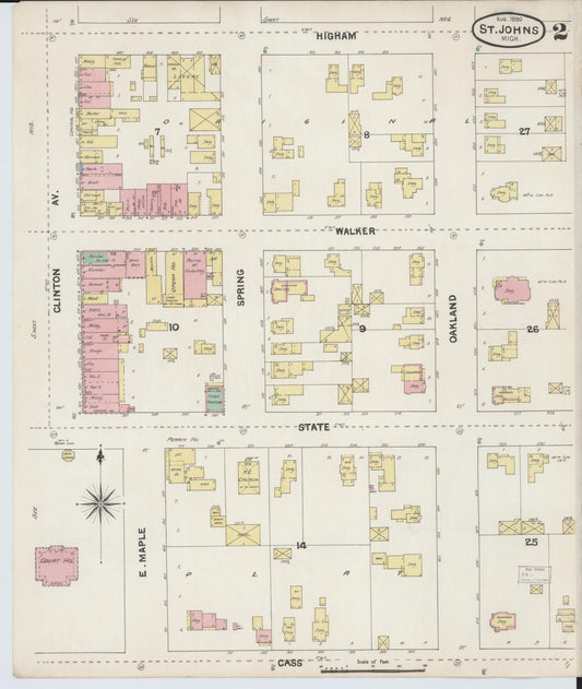 Sanborn Fire Insurance Map from Saint Johns, Clinton County, Michigan (1890), Sheet #0002 - Historic Sanborn Fire Insurance Map Print, vintage old map wall art, antique decor, genealogy gift, Michigan Michigan map
