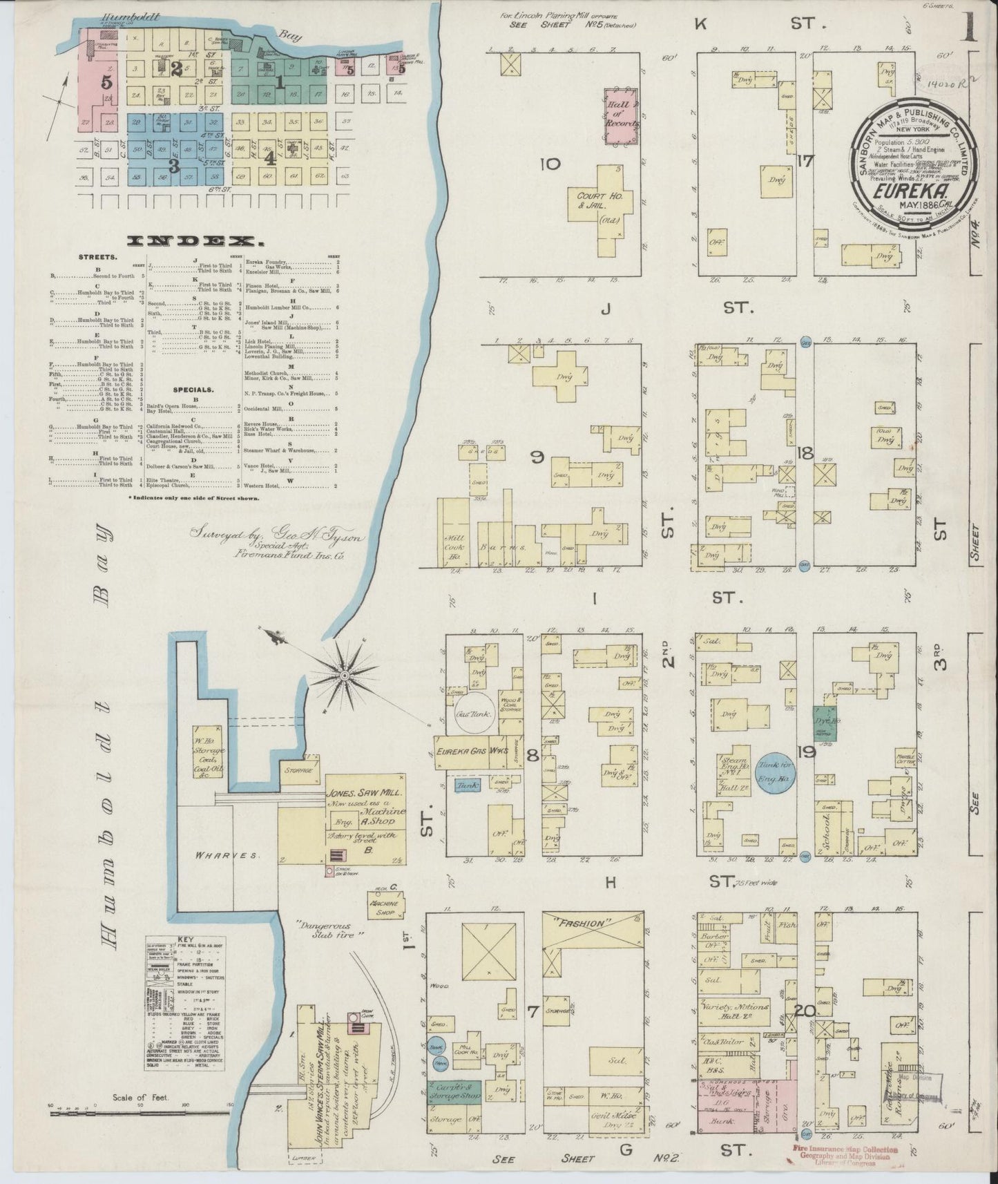Sanborn Fire Insurance Map from Eureka, Humboldt County, California (1886), Sheet #0001 - Historic Sanborn Fire Insurance Map Print, vintage old map wall art, antique decor, genealogy gift, California California map