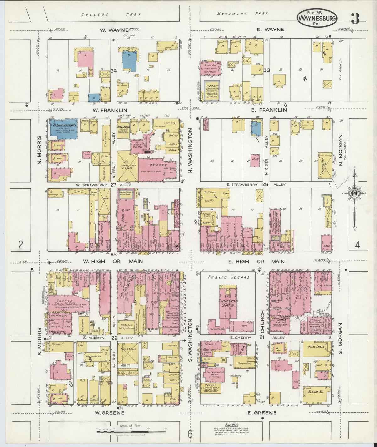 Sanborn Fire Insurance Map from Waynesburg, Greene County, Pennsylvania (1918), Sheet #0003 - Historic Sanborn Fire Insurance Map Print, vintage old map wall art, antique decor, genealogy gift, Pennsylvania Pennsylvania map
