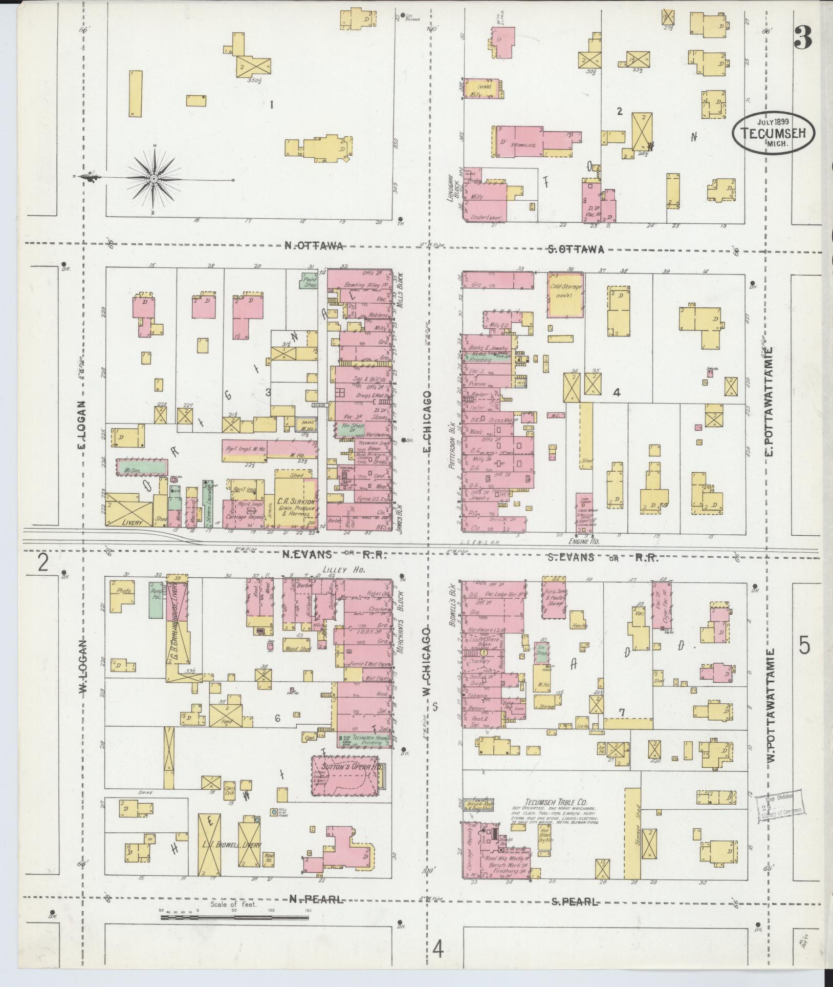 Sanborn Fire Insurance Map from Tecumseh, Lenawee County, Michigan (1899), Sheet #0003 - Historic Sanborn Fire Insurance Map Print, vintage old map wall art, antique decor, genealogy gift, Michigan Michigan map