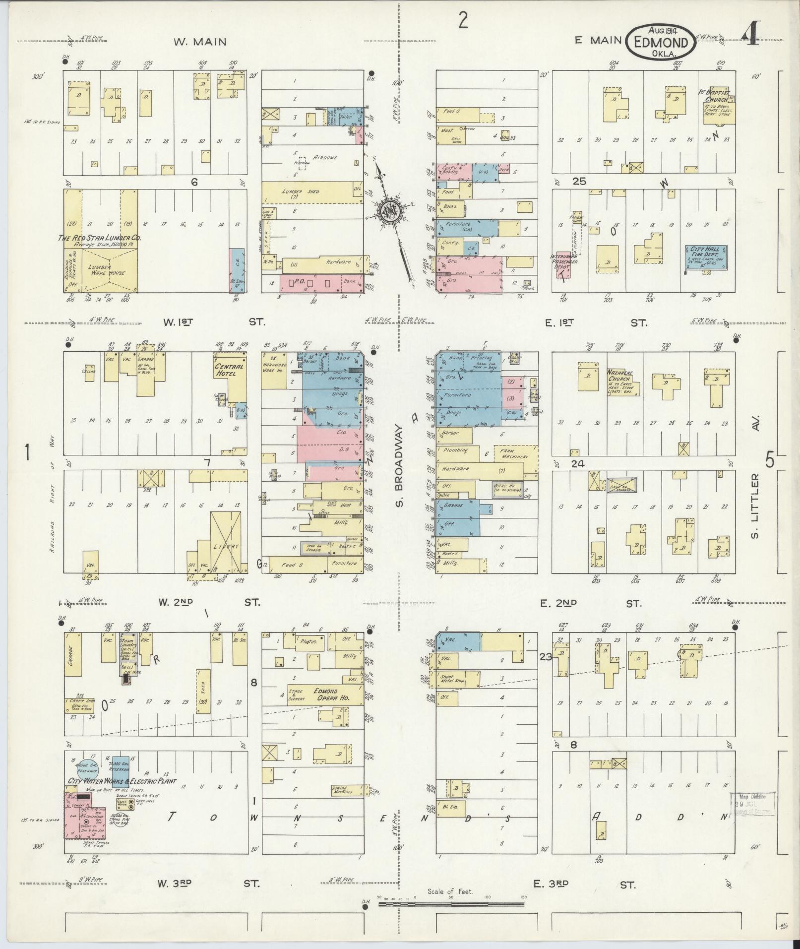 Sanborn Fire Insurance Map from Edmond, Oklahoma County, Oklahoma (1914), Sheet #0004 - Historic Sanborn Fire Insurance Map Print, vintage old map wall art, antique decor, genealogy gift, Edmond Oklahoma map