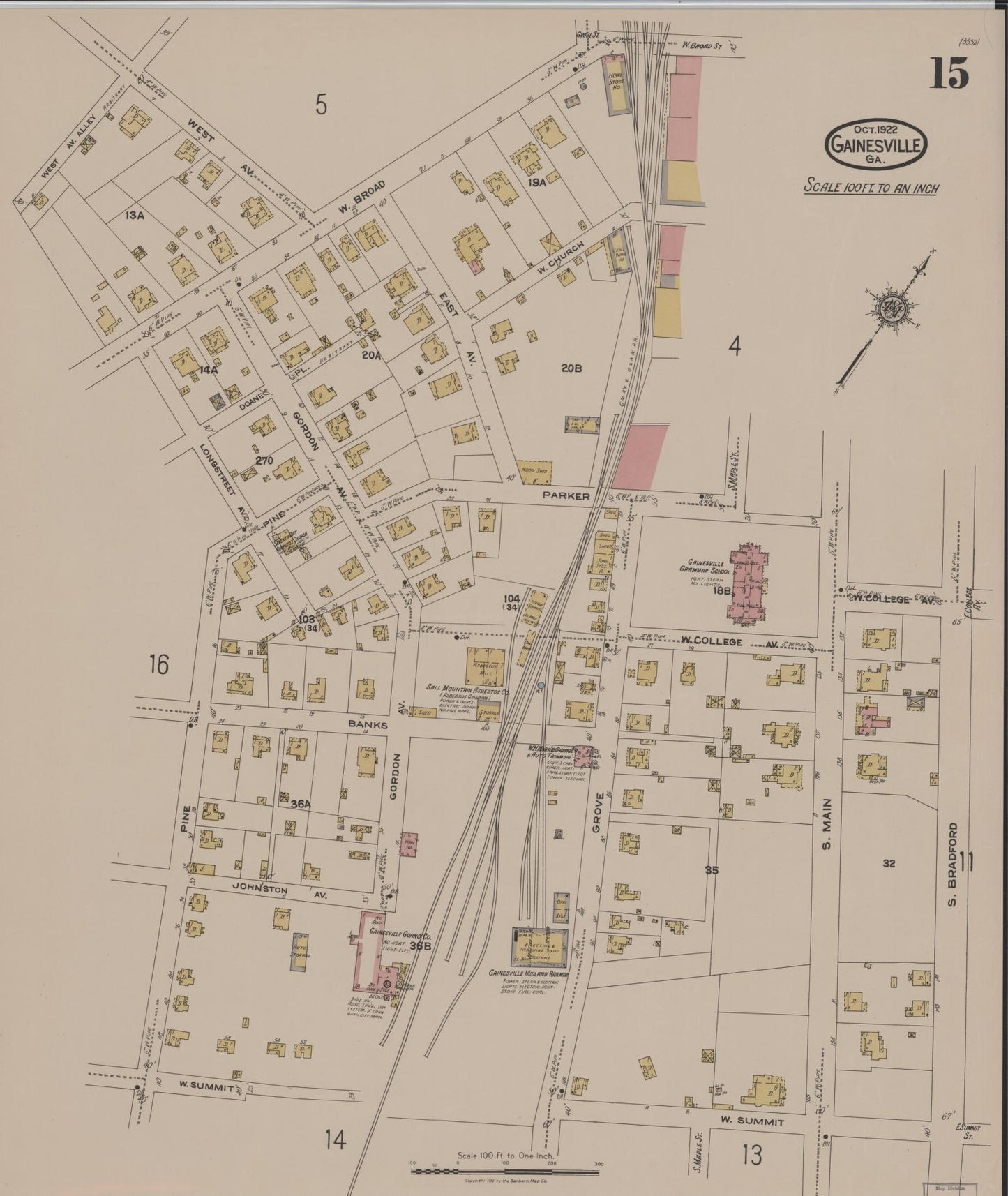 Sanborn Fire Insurance Map from Gainesville, Hall County, Georgia (1922), Sheet #0015 - Complete Map Set gallery image, historic Sanborn map, vintage wall art, Georgia Georgia