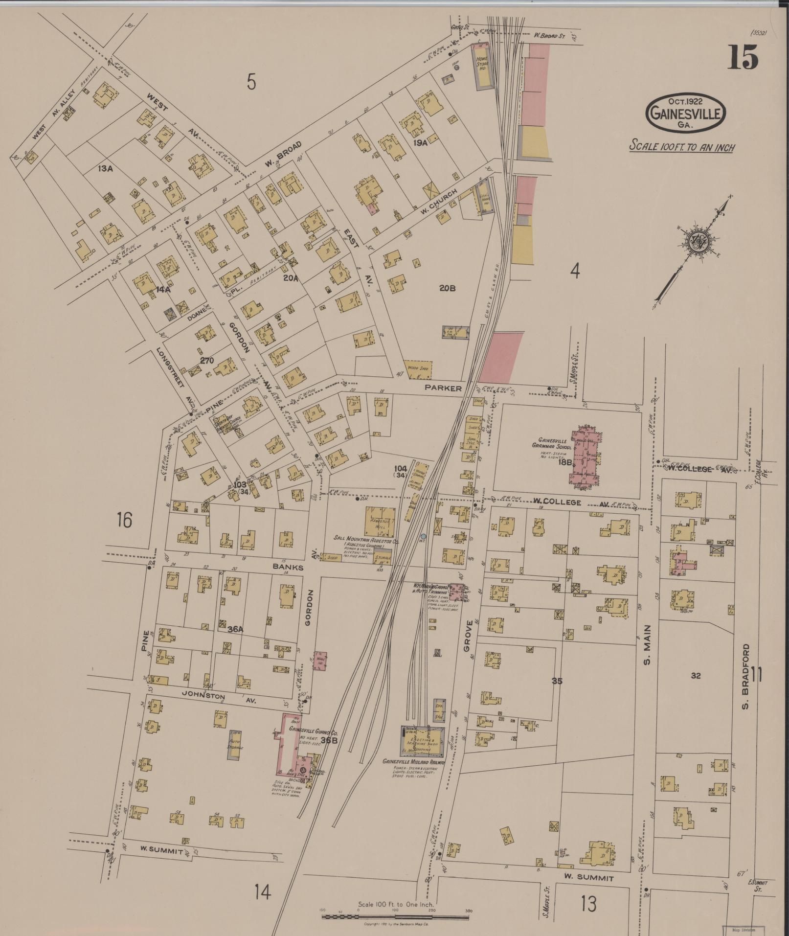 Sanborn Fire Insurance Map from Gainesville, Hall County, Georgia (1922), Sheet #0015 - Complete Map Set gallery image, historic Sanborn map, vintage wall art, Georgia Georgia