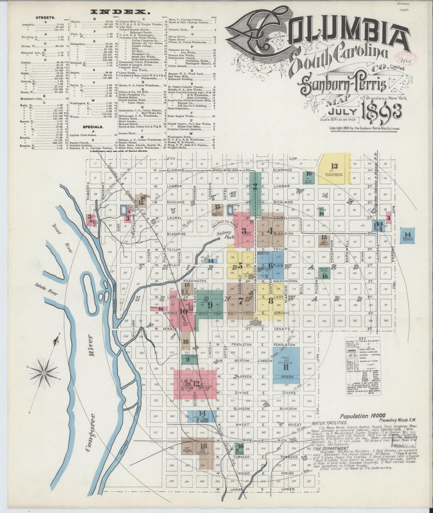 Sanborn Fire Insurance Map from Columbia, Richland County, South Carolina (1893), Sheet #0001 - Complete Map Set gallery image, historic Sanborn map, vintage wall art, South Carolina South Carolina
