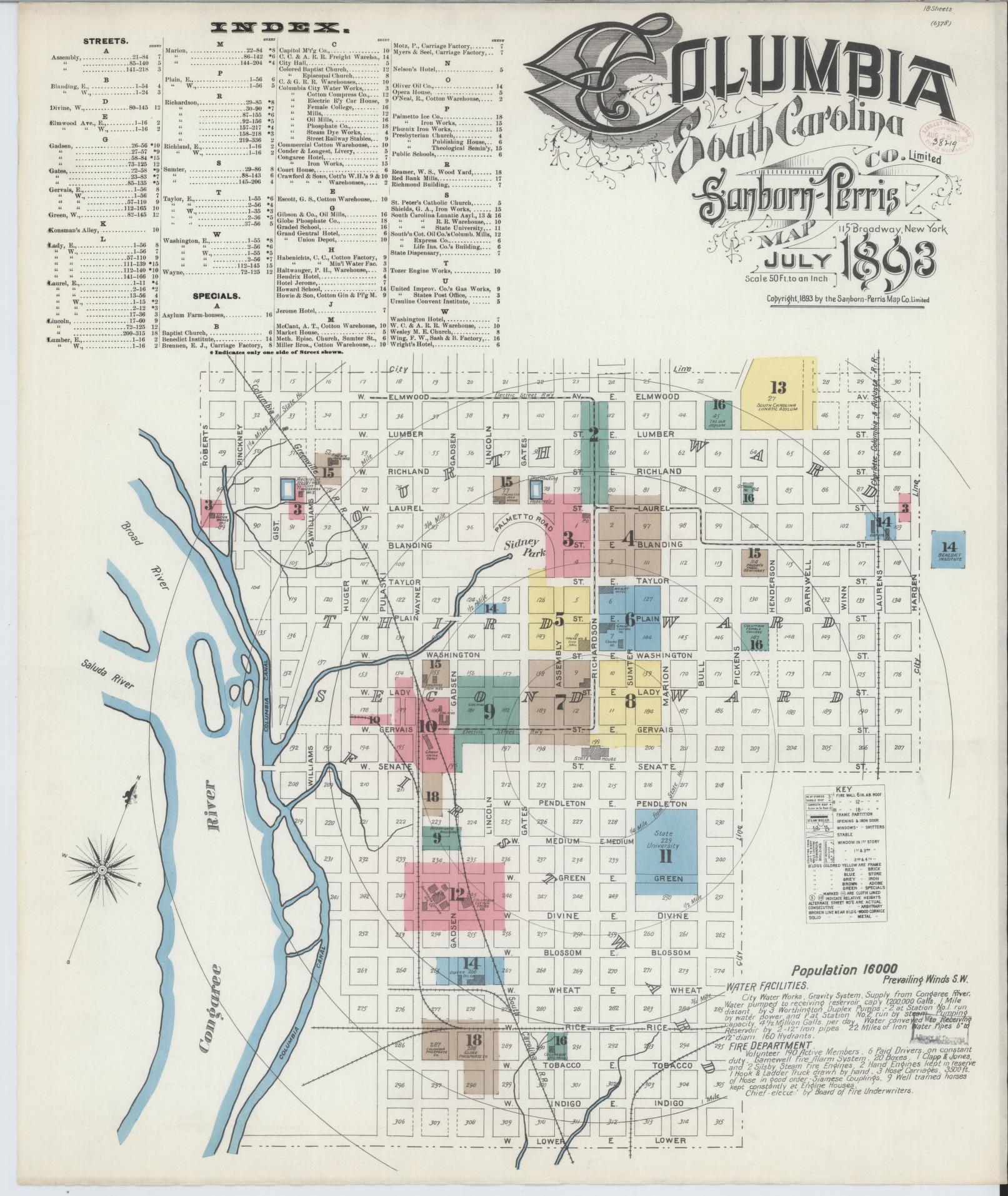 Sanborn Fire Insurance Map from Columbia, Richland County, South Carolina (1893), Sheet #0001 - Complete Map Set gallery image, historic Sanborn map, vintage wall art, South Carolina South Carolina