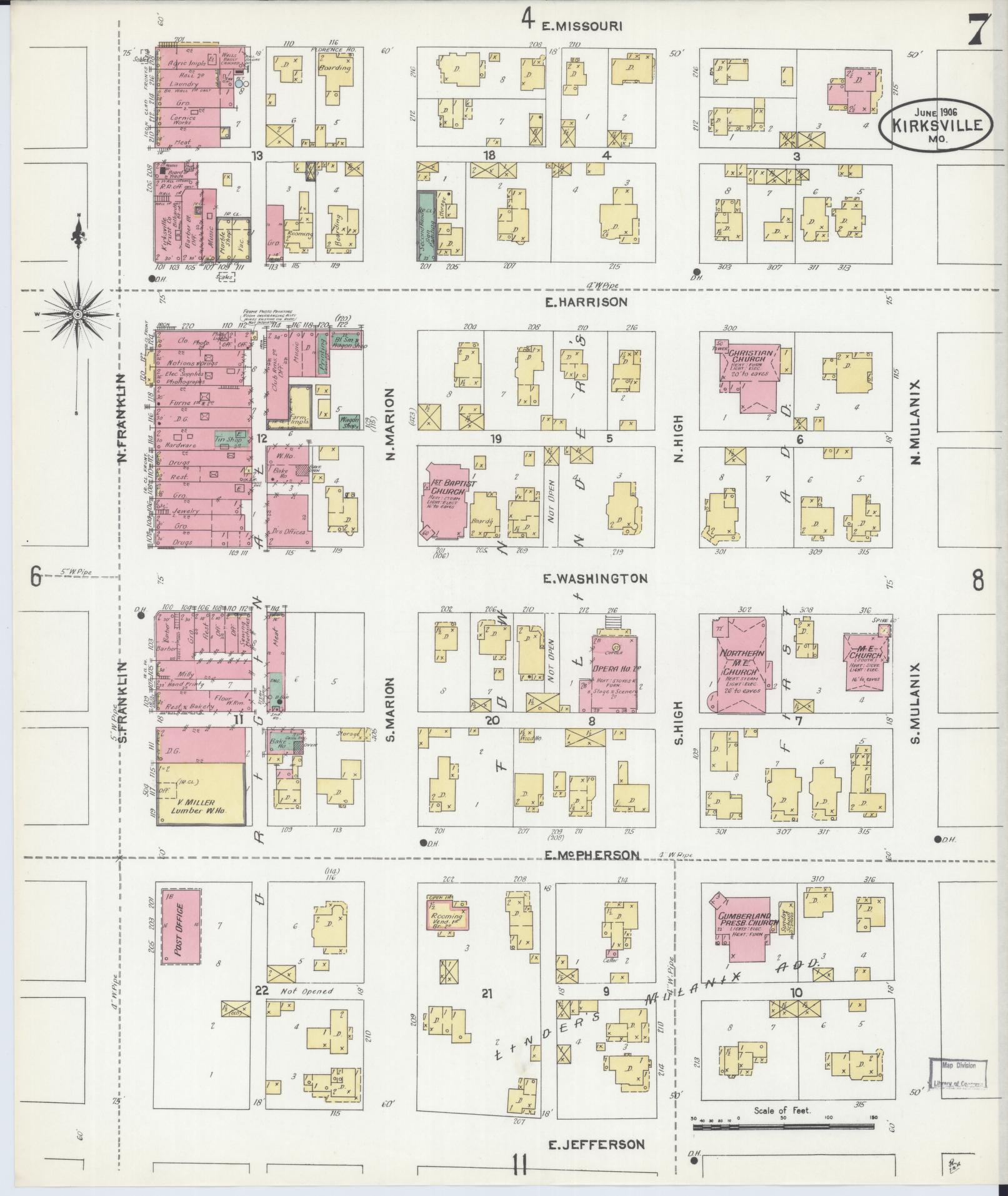 Sanborn Fire Insurance Map from Kirksville, Adair County, Missouri (1906), Sheet #0007 - Historic Sanborn Fire Insurance Map Print, vintage old map wall art, antique decor, genealogy gift, Missouri Missouri map