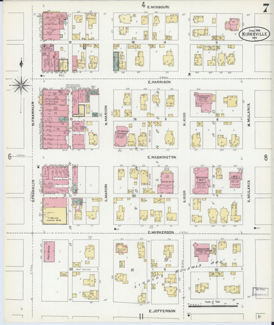 Sanborn Fire Insurance Map from Kirksville, Adair County, Missouri (1906), Sheet #0007 - Historic Sanborn Fire Insurance Map Print, vintage old map wall art, antique decor, genealogy gift, Missouri Missouri map