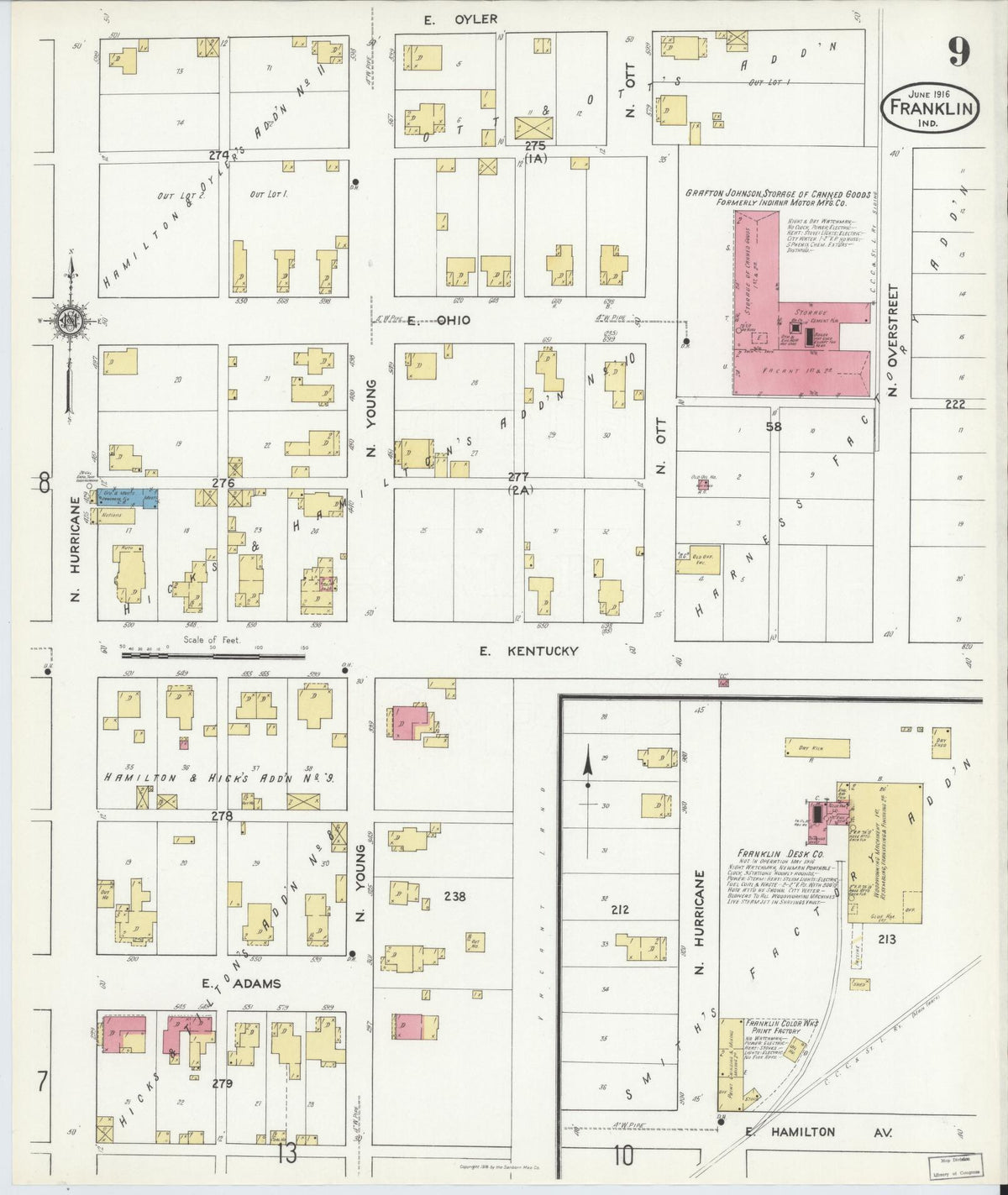 Sanborn Fire Insurance Map from Franklin, Johnson County, Indiana (1916), Sheet #0009 - Historic Sanborn Fire Insurance Map Print, vintage old map wall art, antique decor, genealogy gift, Indiana Indiana map