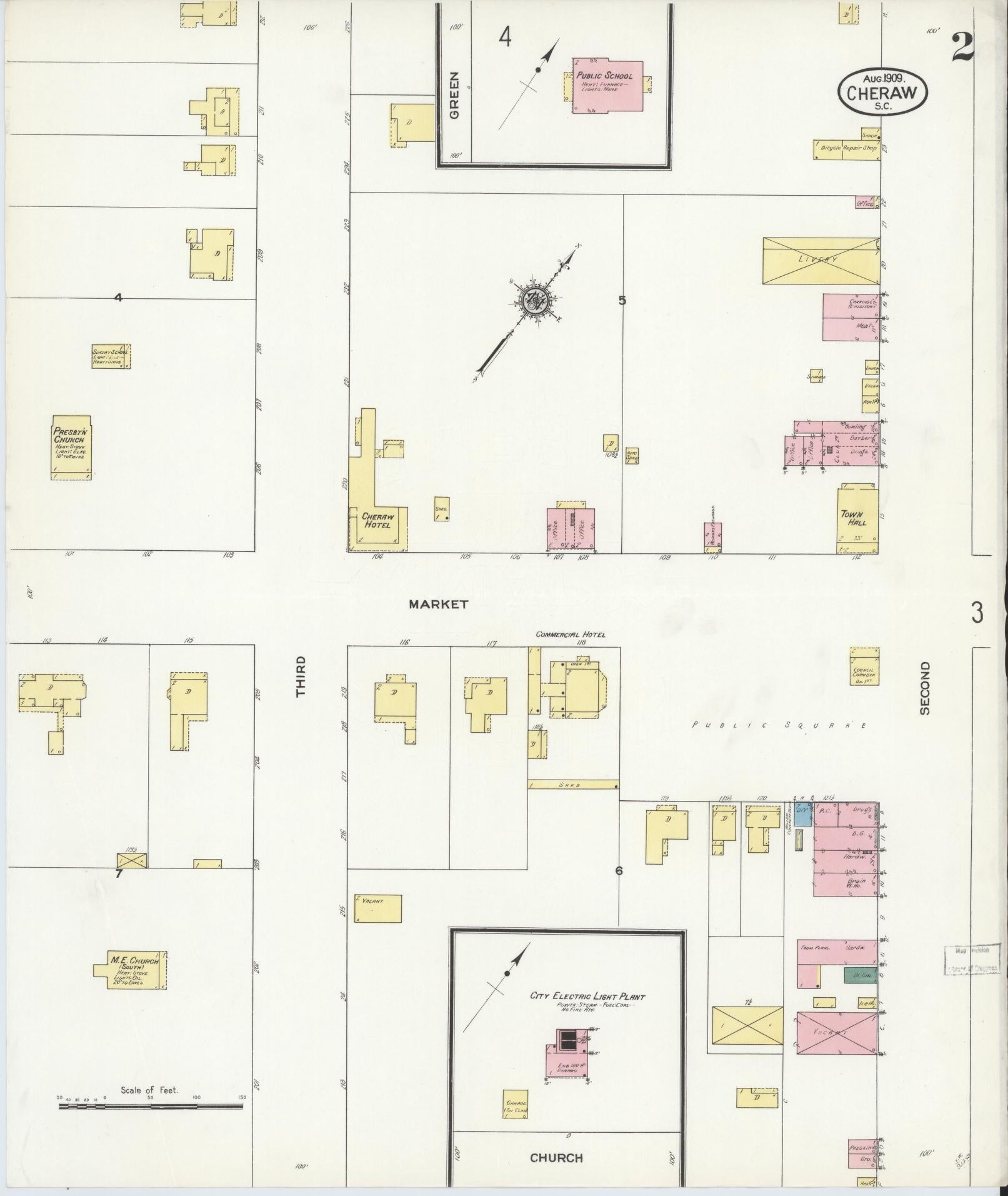 Sanborn Fire Insurance Map from Cheraw, Chesterfield County, South Carolina (1909), Sheet #0002 - Historic Sanborn Fire Insurance Map Print, vintage old map wall art, antique decor, genealogy gift, South Carolina South Carolina map