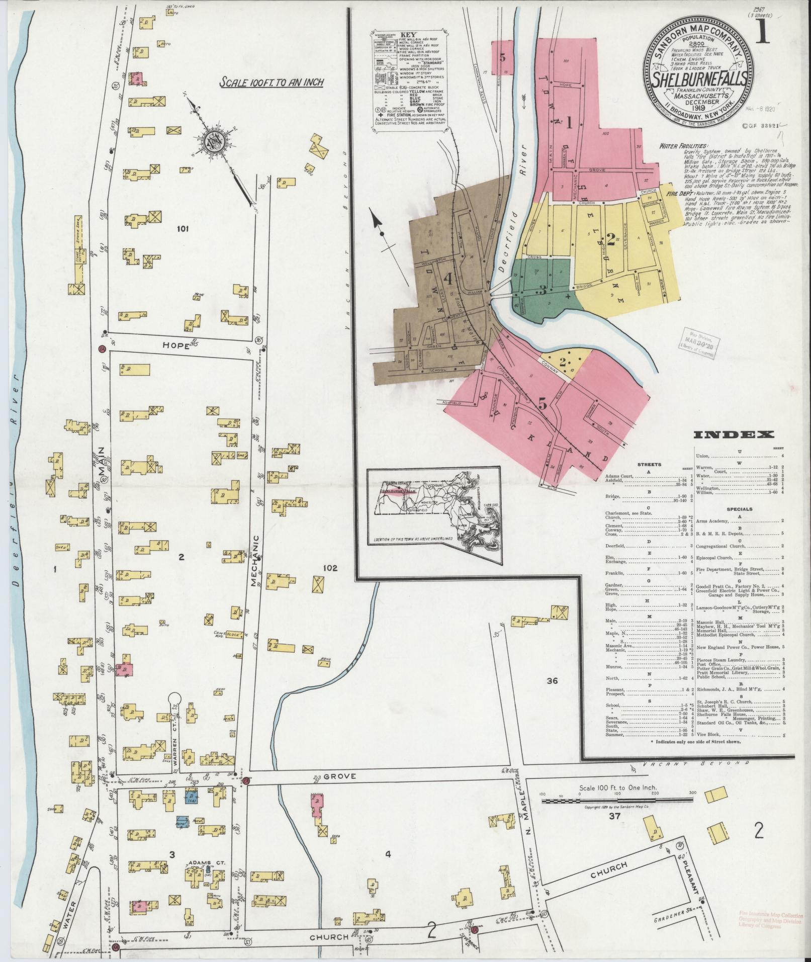 Sanborn Fire Insurance Map from Shelburne Falls, Franklin County, Massachusetts (1919), Sheet #0001 - Historic Sanborn Fire Insurance Map Print, vintage old map wall art, antique decor, genealogy gift, Massachusetts Massachusetts map