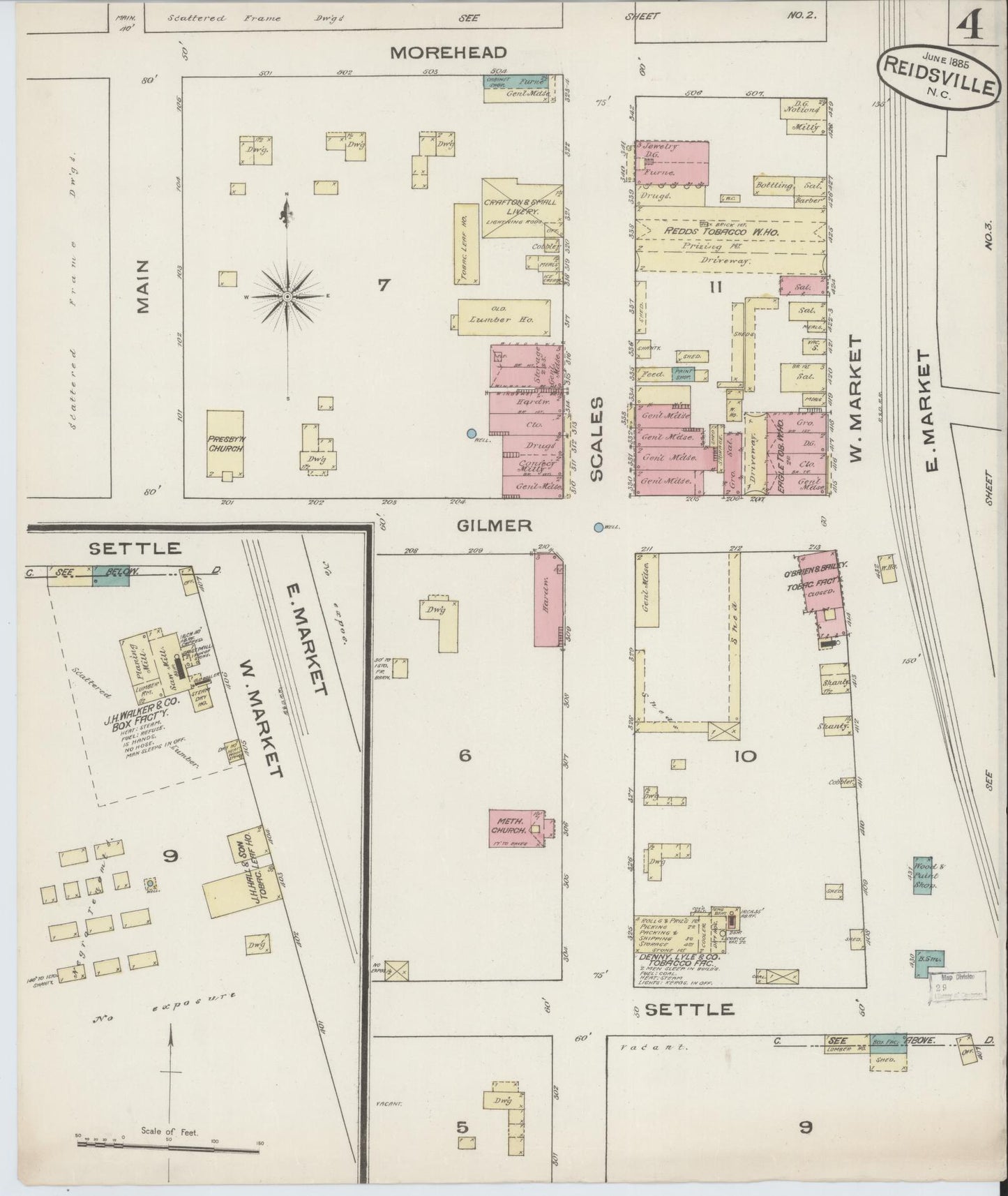 Sanborn Fire Insurance Map from Reidsville, Rockingham County, North Carolina (1885), Sheet #0004 - Historic Sanborn Fire Insurance Map Print, vintage old map wall art, antique decor, genealogy gift, North Carolina North Carolina map