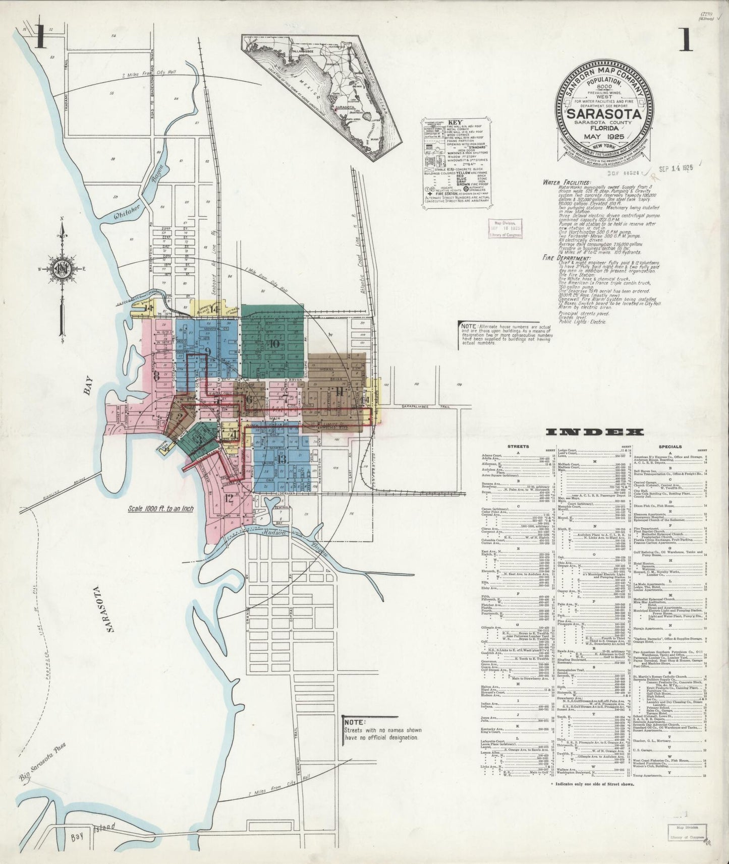 Sanborn Fire Insurance Map from Sarasota, Sarasota County, Florida (1925), Sheet #0001 - Complete Map Set gallery image, historic Sanborn map, vintage wall art, Florida Florida