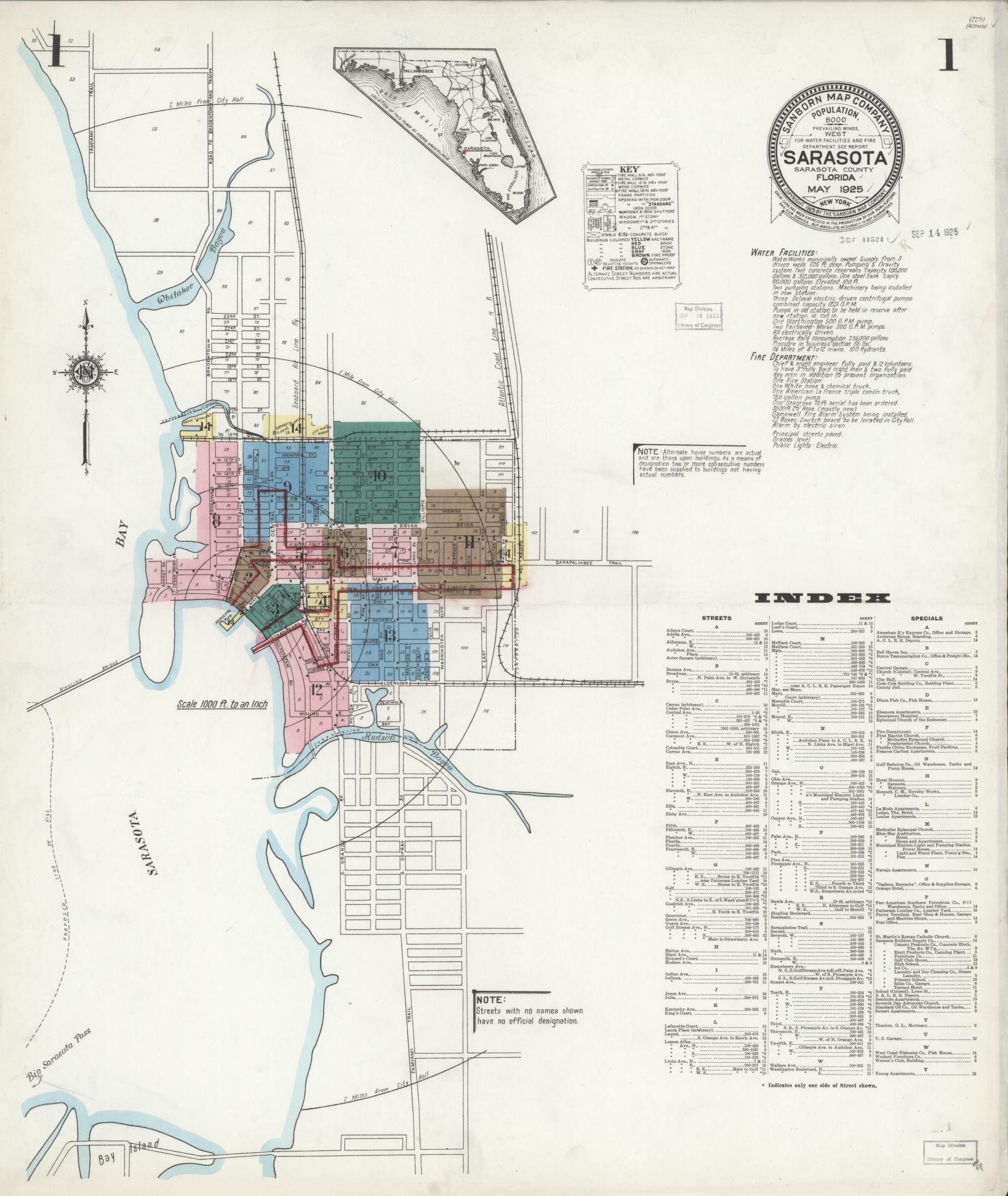 Sanborn Fire Insurance Map from Sarasota, Sarasota County, Florida (1925), Sheet #0001 - Complete Map Set gallery image, historic Sanborn map, vintage wall art, Florida Florida