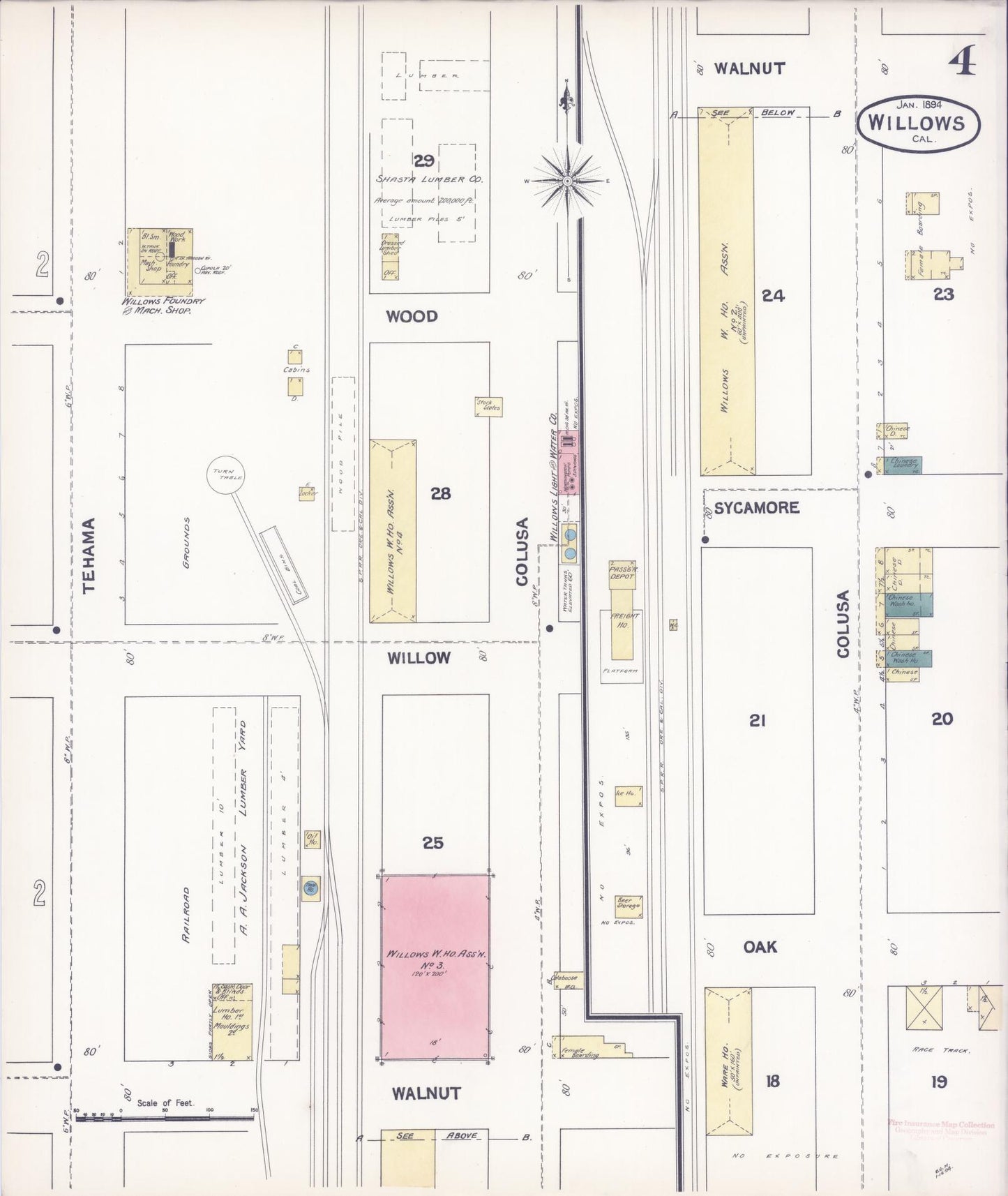 Sanborn Fire Insurance Map from Willows, Glenn County, California (1894), Sheet #0004 - Complete Map Set gallery image, historic Sanborn map, vintage wall art, California California