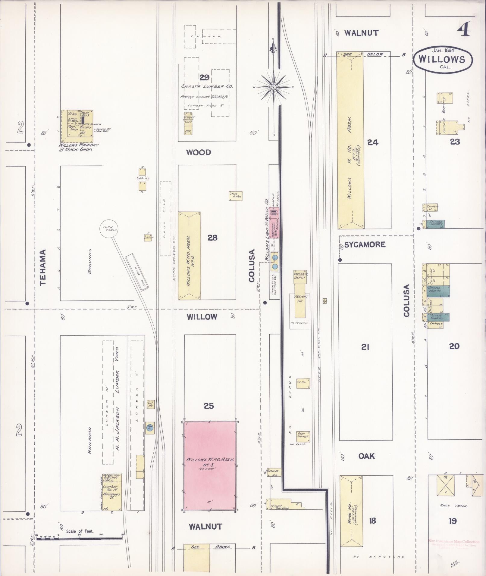 Sanborn Fire Insurance Map from Willows, Glenn County, California (1894), Sheet #0004 - Complete Map Set gallery image, historic Sanborn map, vintage wall art, California California