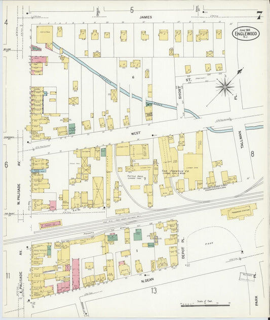Sanborn Fire Insurance Map from Englewood, Bergen County, New Jersey (1908), Sheet #0007 - Historic Sanborn Fire Insurance Map Print, vintage old map wall art, antique decor, genealogy gift, New Jersey New Jersey map