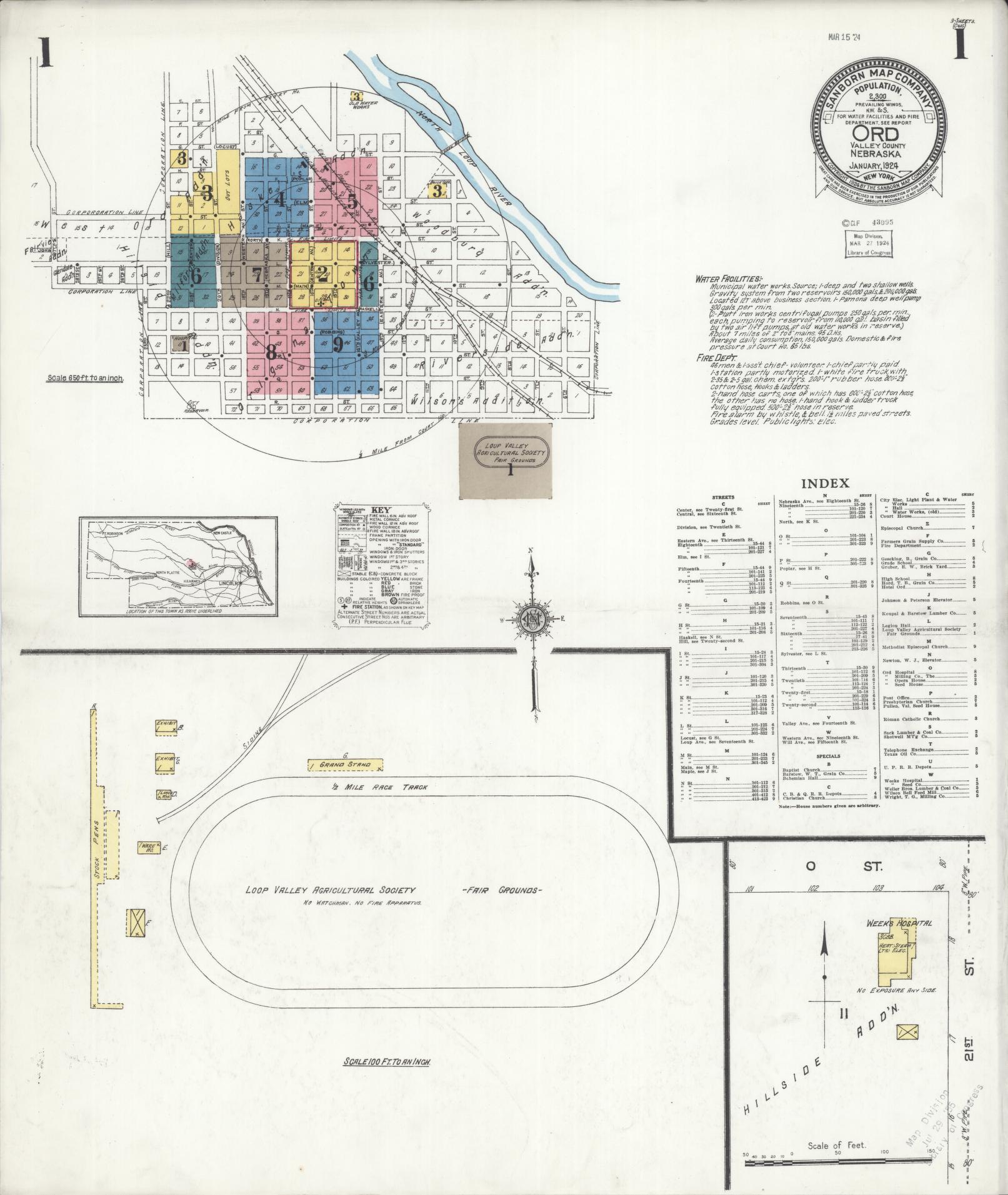 Sanborn Fire Insurance Map from Ord, Valley County, Nebraska (1924), Sheet #0001 - Historic Sanborn Fire Insurance Map Print, vintage old map wall art, antique decor, genealogy gift, Nebraska Nebraska map
