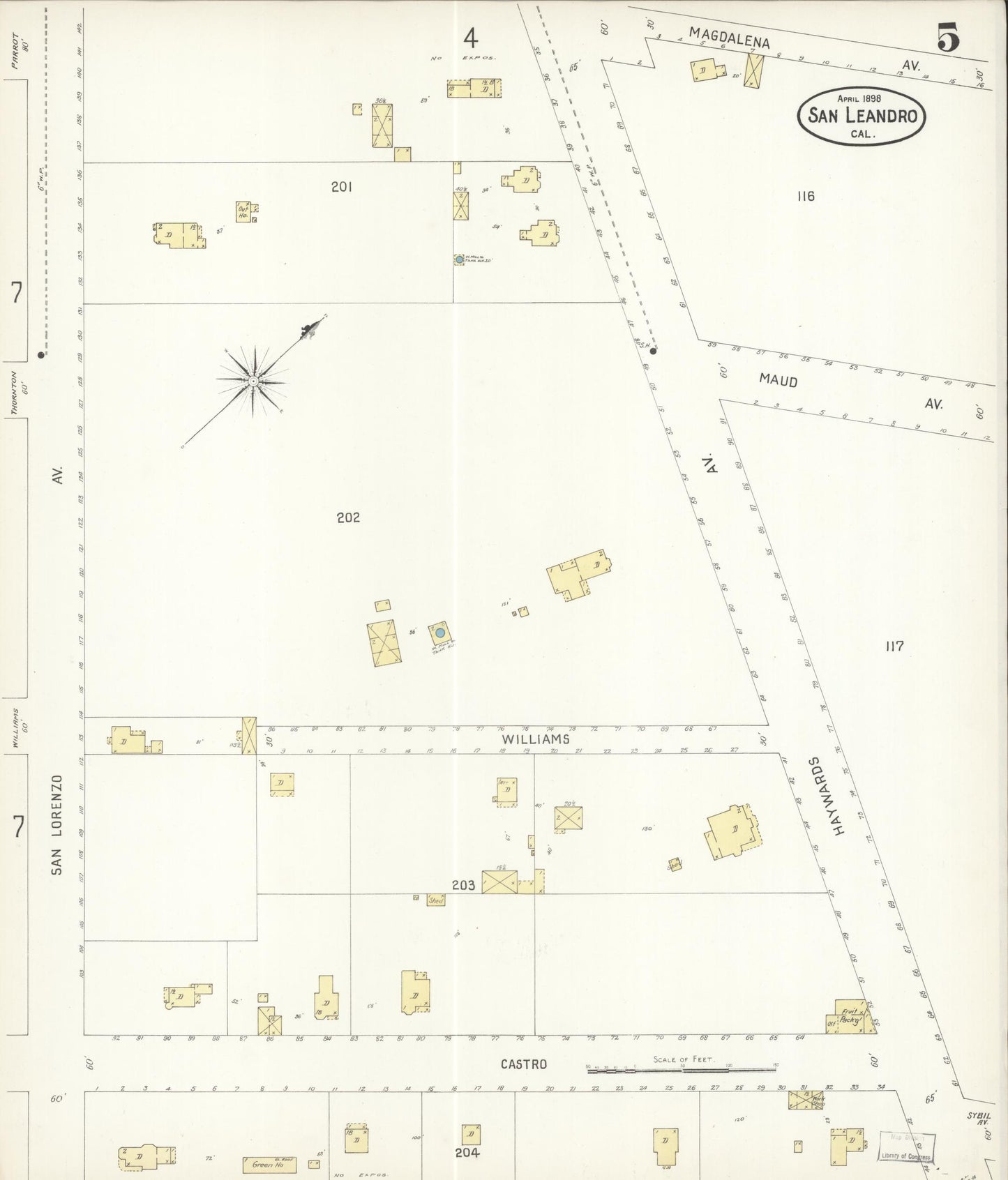 Sanborn Fire Insurance Map from San Leandro, Alameda County, California (1898), Sheet #0005 - Complete Map Set gallery image, historic Sanborn map, vintage wall art, California California