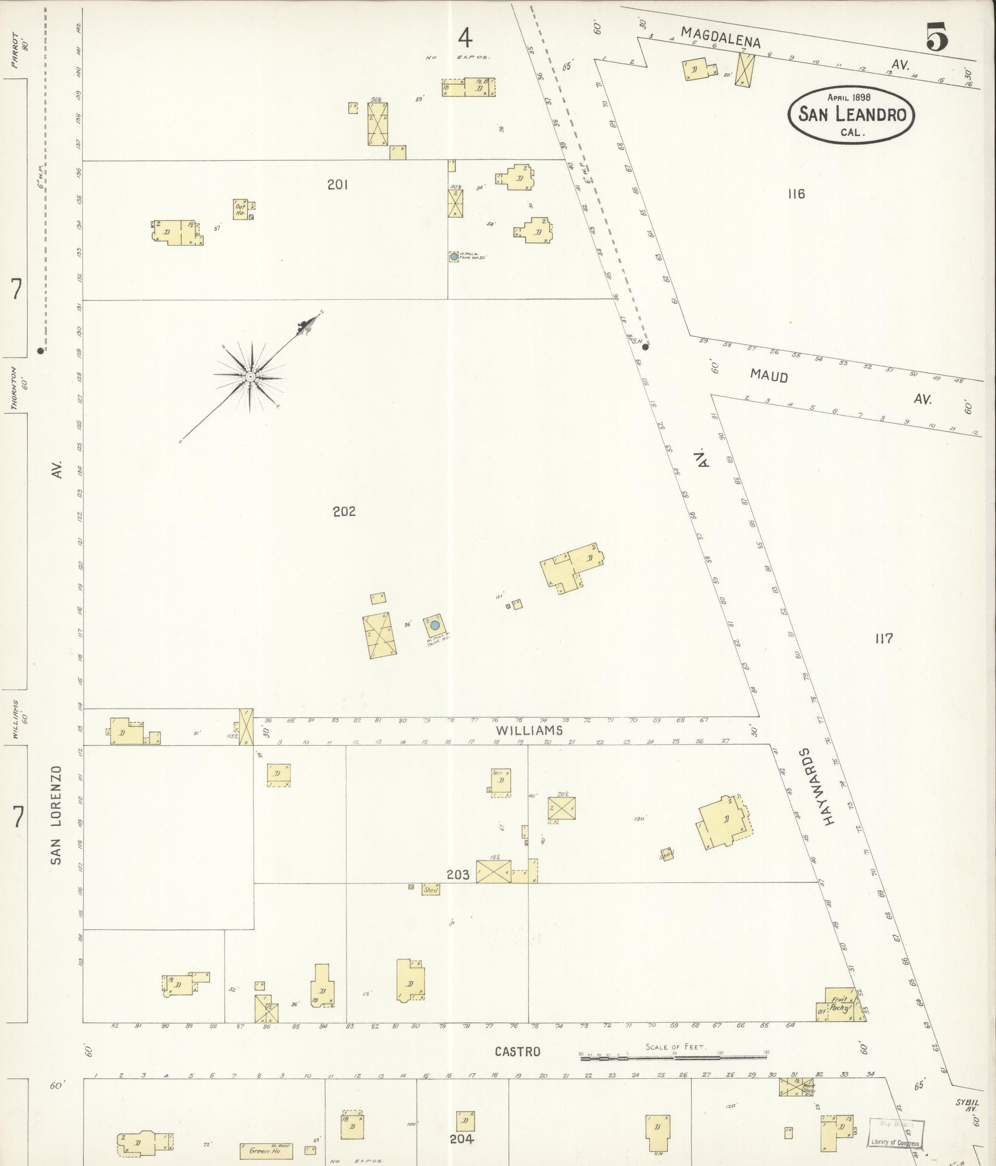 Sanborn Fire Insurance Map from San Leandro, Alameda County, California (1898), Sheet #0005 - Complete Map Set gallery image, historic Sanborn map, vintage wall art, California California