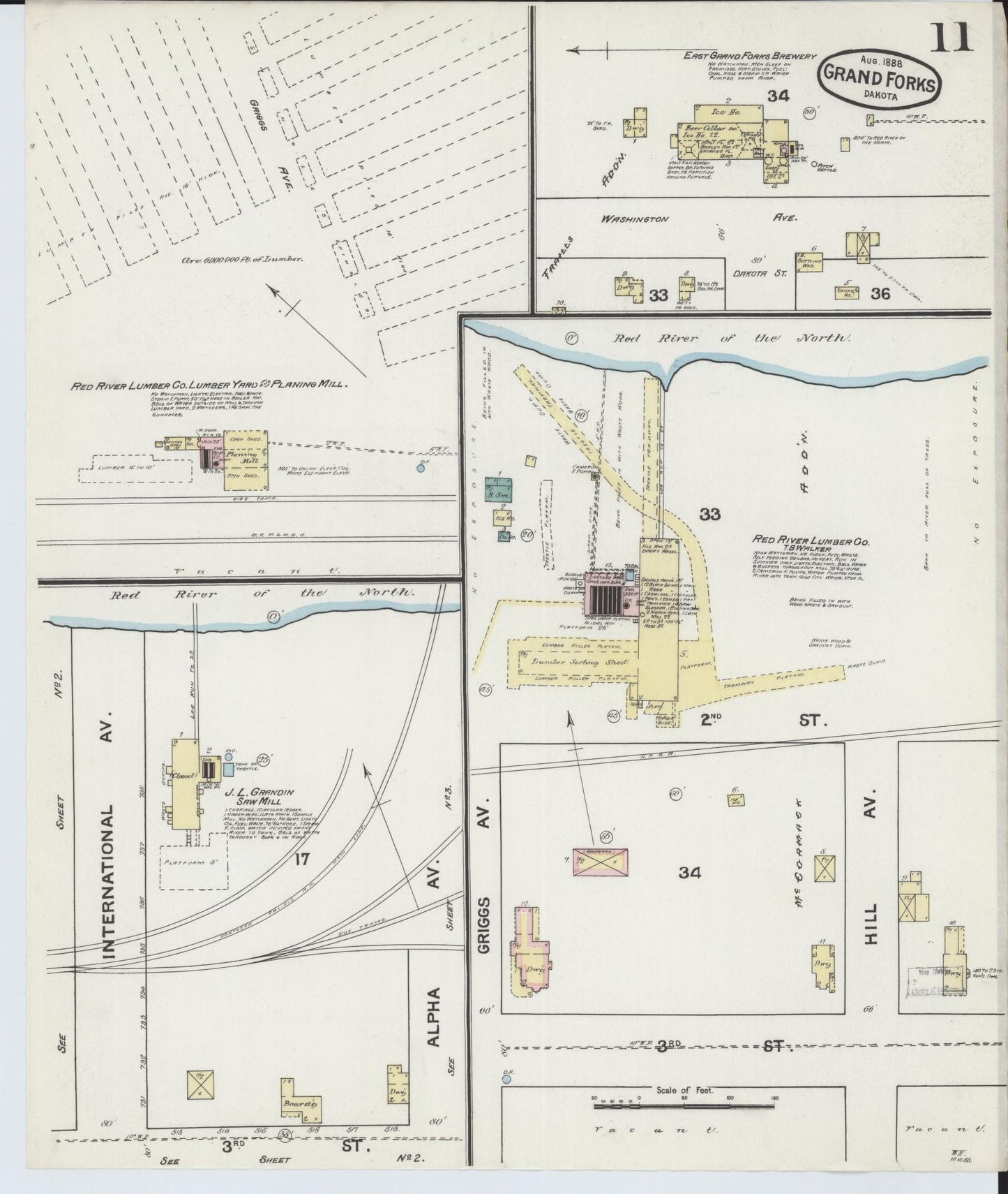Sanborn Fire Insurance Map from Grand Forks, Grand Forks County, North Dakota (1888), Sheet #0011 - Historic Sanborn Fire Insurance Map Print, vintage old map wall art, antique decor, genealogy gift, North Dakota North Dakota map