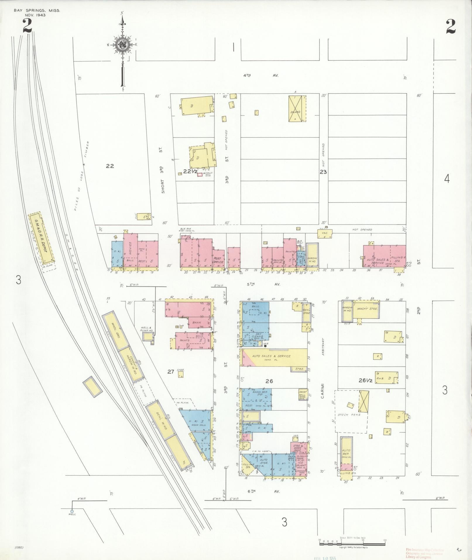 Sanborn Fire Insurance Map from Bay Springs, Jasper County, Mississippi (1943), Sheet #0002 - Complete Map Set gallery image, historic Sanborn map, vintage wall art, Mississippi Mississippi