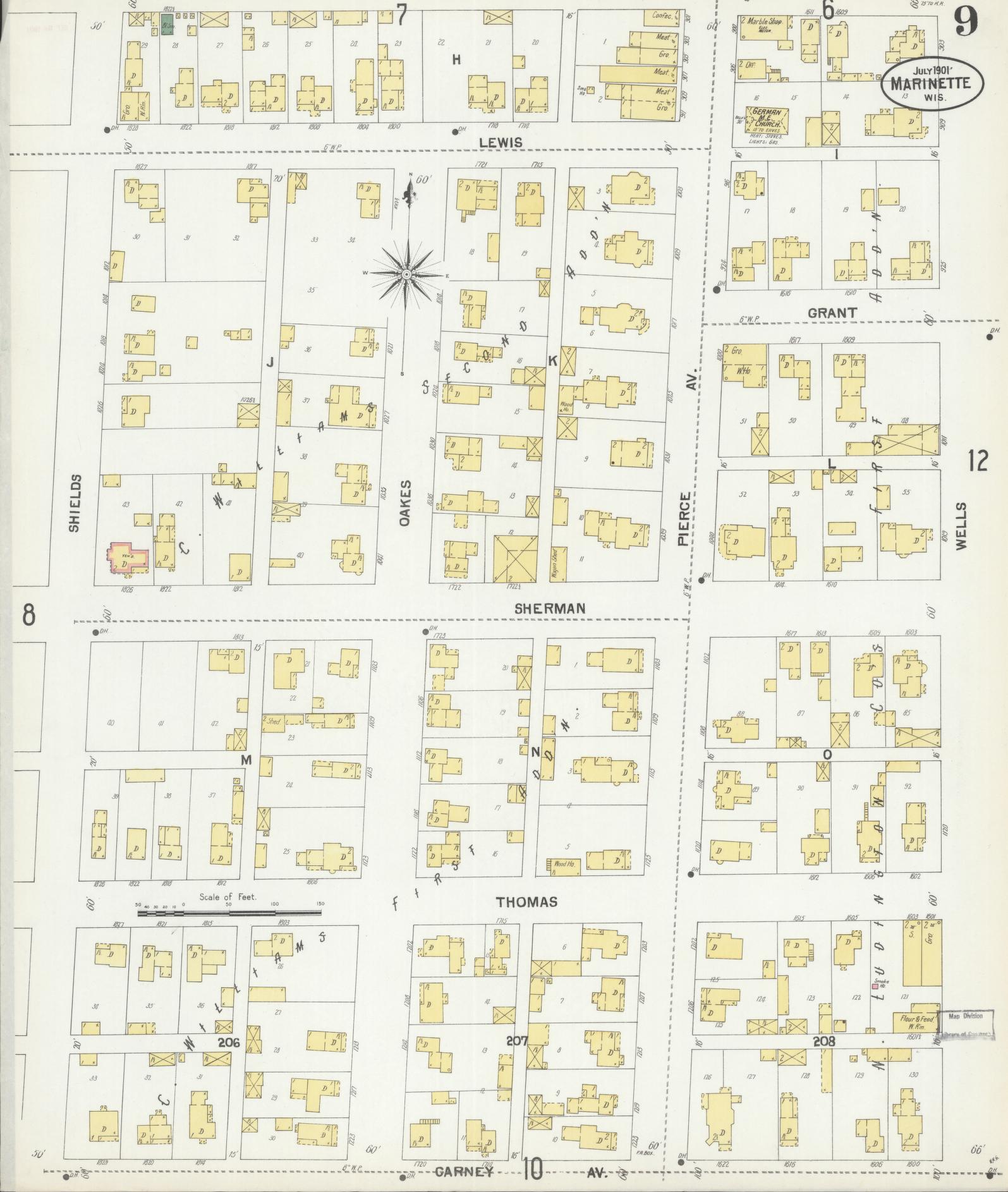 Sanborn Fire Insurance Map from Marinette, Marinette County, Wisconsin (1901), Sheet #0009 - Historic Sanborn Fire Insurance Map Print, vintage old map wall art, antique decor, genealogy gift, Wisconsin Wisconsin map