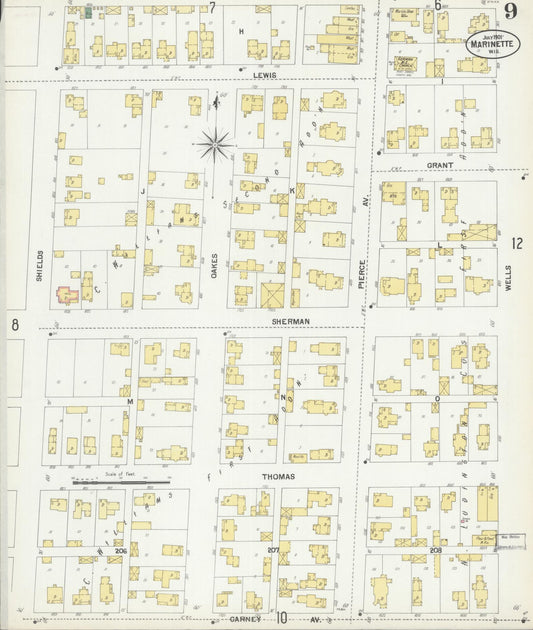 Sanborn Fire Insurance Map from Marinette, Marinette County, Wisconsin (1901), Sheet #0009 - Historic Sanborn Fire Insurance Map Print, vintage old map wall art, antique decor, genealogy gift, Wisconsin Wisconsin map