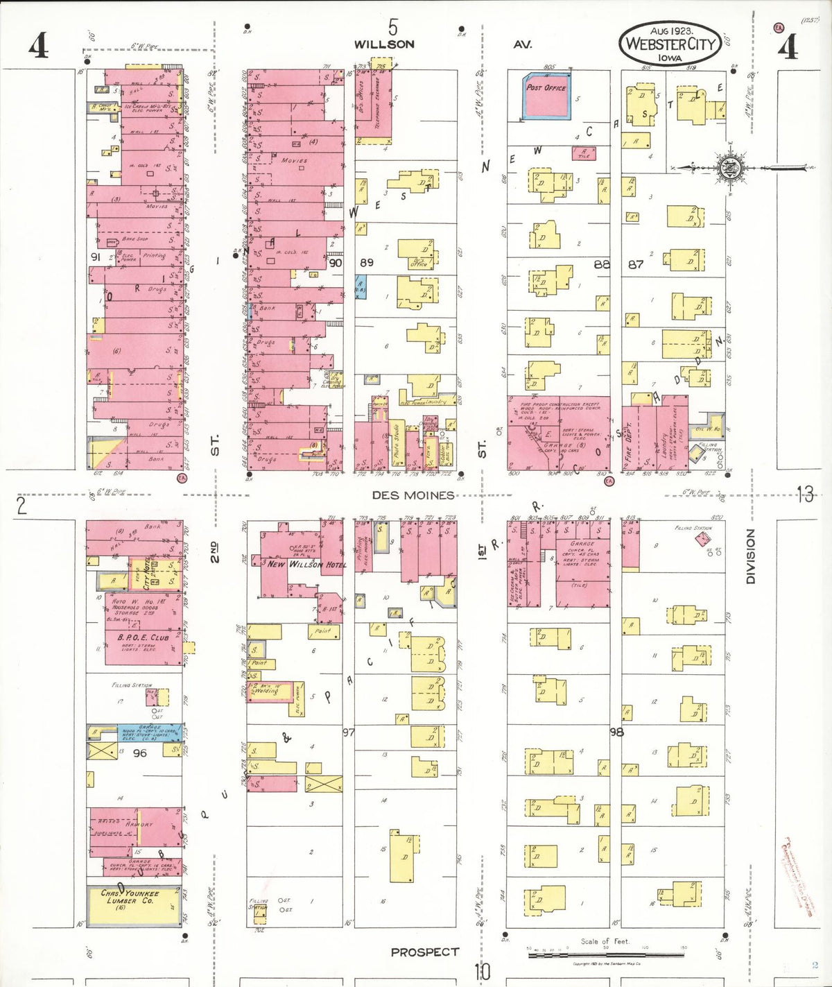 Sanborn Fire Insurance Map from Webster City, Hamilton County, Iowa (1923), Sheet #0004 - Historic Sanborn Fire Insurance Map Print, vintage old map wall art