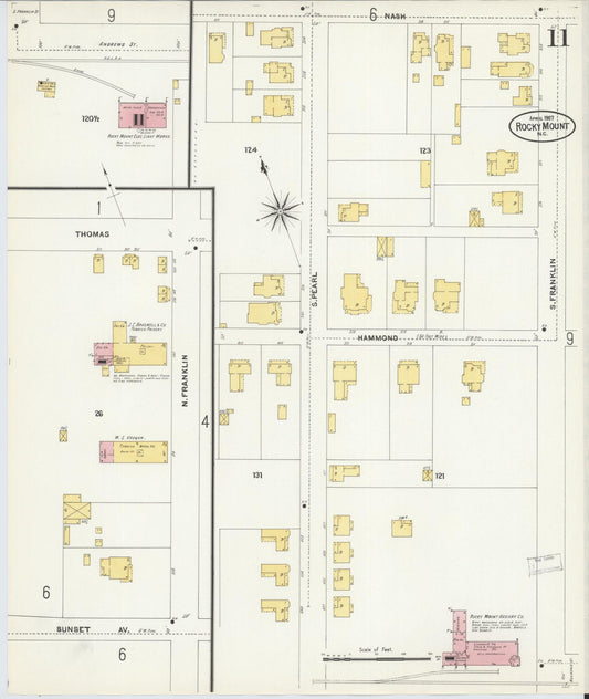 Sanborn Fire Insurance Map from Rocky Mount, Edgecombe And Nash Counties, North Carolina (1907), Sheet #0011 - Historic Sanborn Fire Insurance Map Print, vintage old map wall art, antique decor, genealogy gift, North Carolina North Carolina map