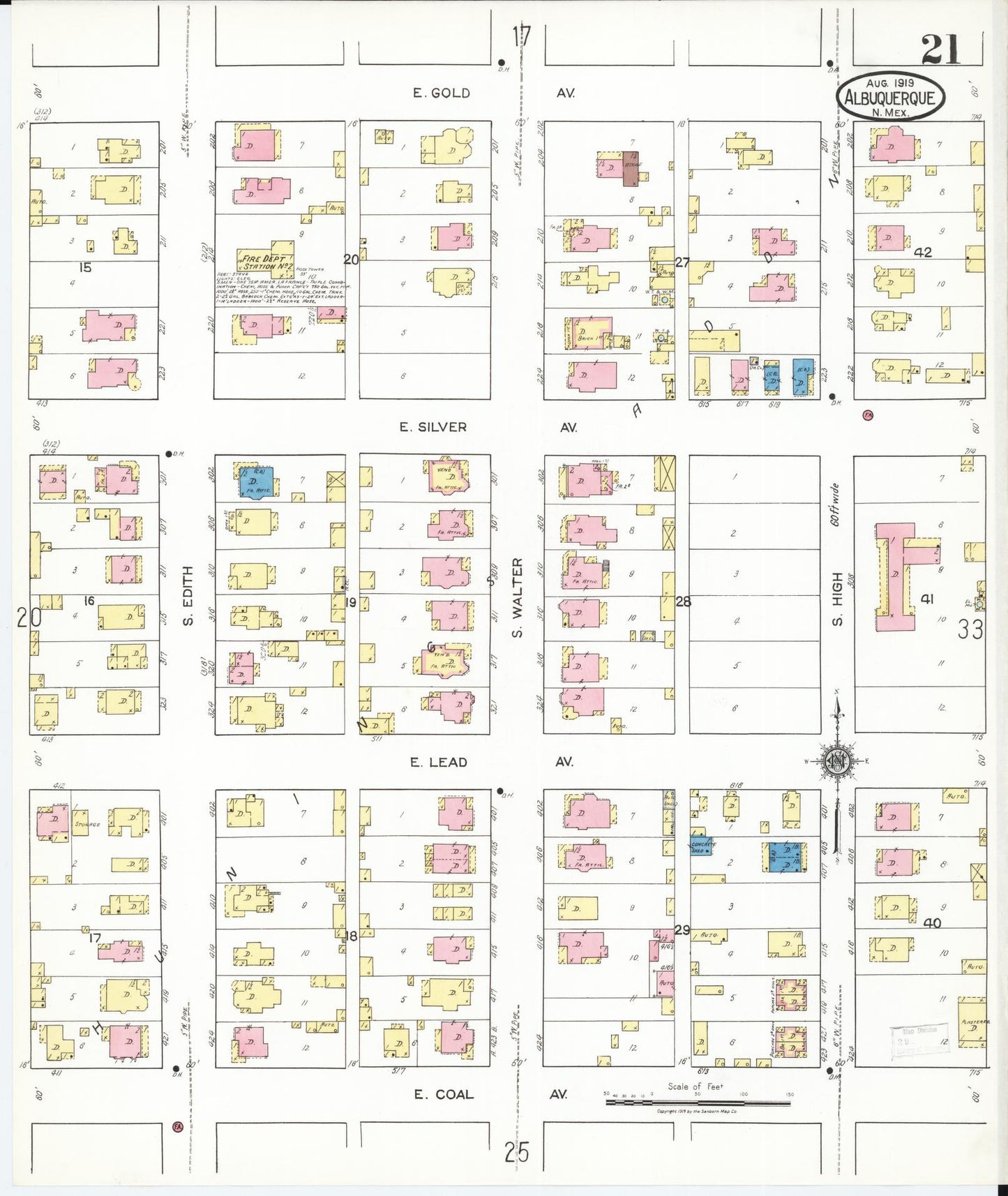Sanborn Fire Insurance Map from Albuquerque, Bernalillo County, New Mexico (1919), Sheet #0021 - Historic Sanborn Fire Insurance Map Print, vintage old map wall art, antique decor, genealogy gift, New Mexico New Mexico map