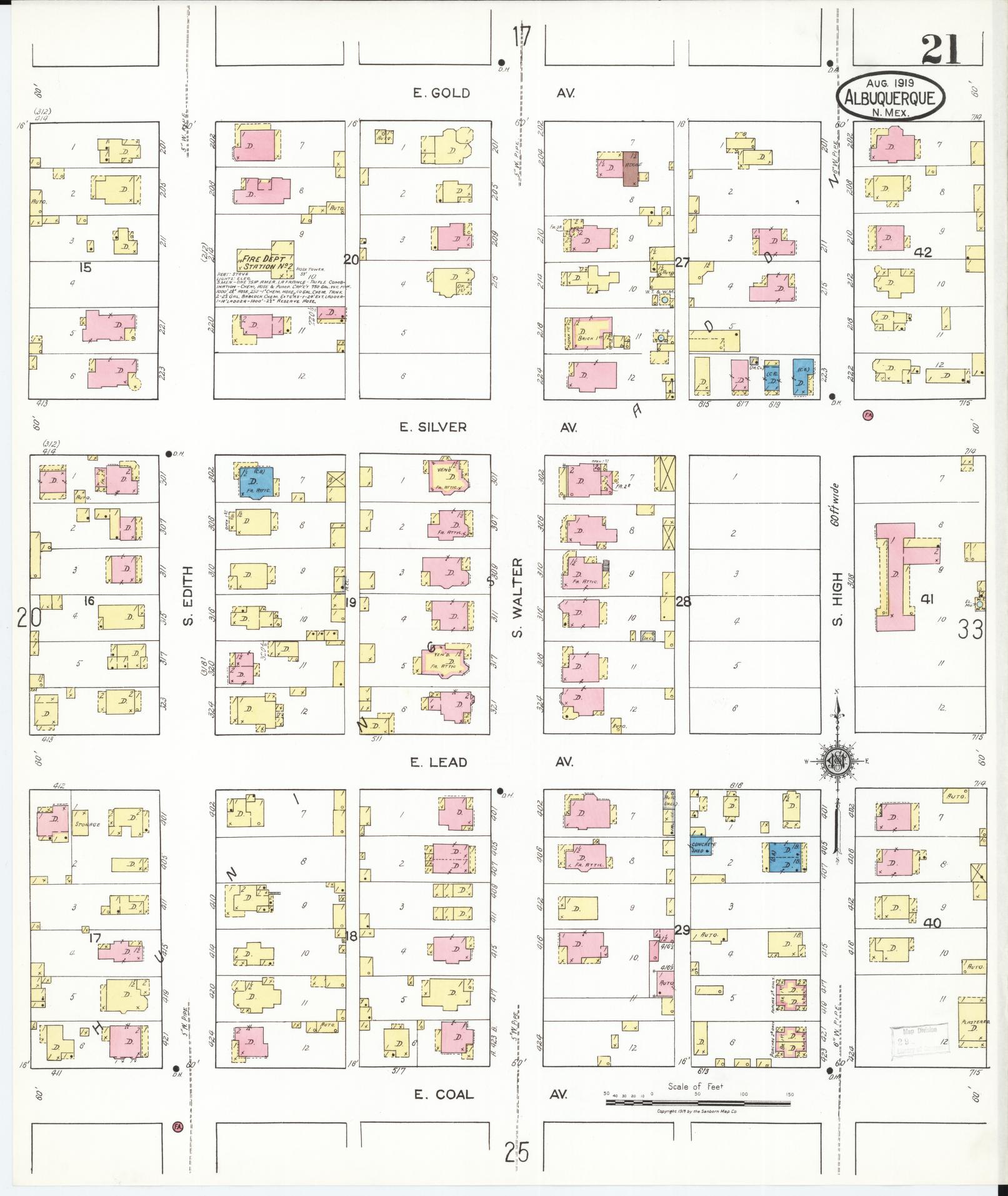 Sanborn Fire Insurance Map from Albuquerque, Bernalillo County, New Mexico (1919), Sheet #0021 - Historic Sanborn Fire Insurance Map Print, vintage old map wall art, antique decor, genealogy gift, New Mexico New Mexico map