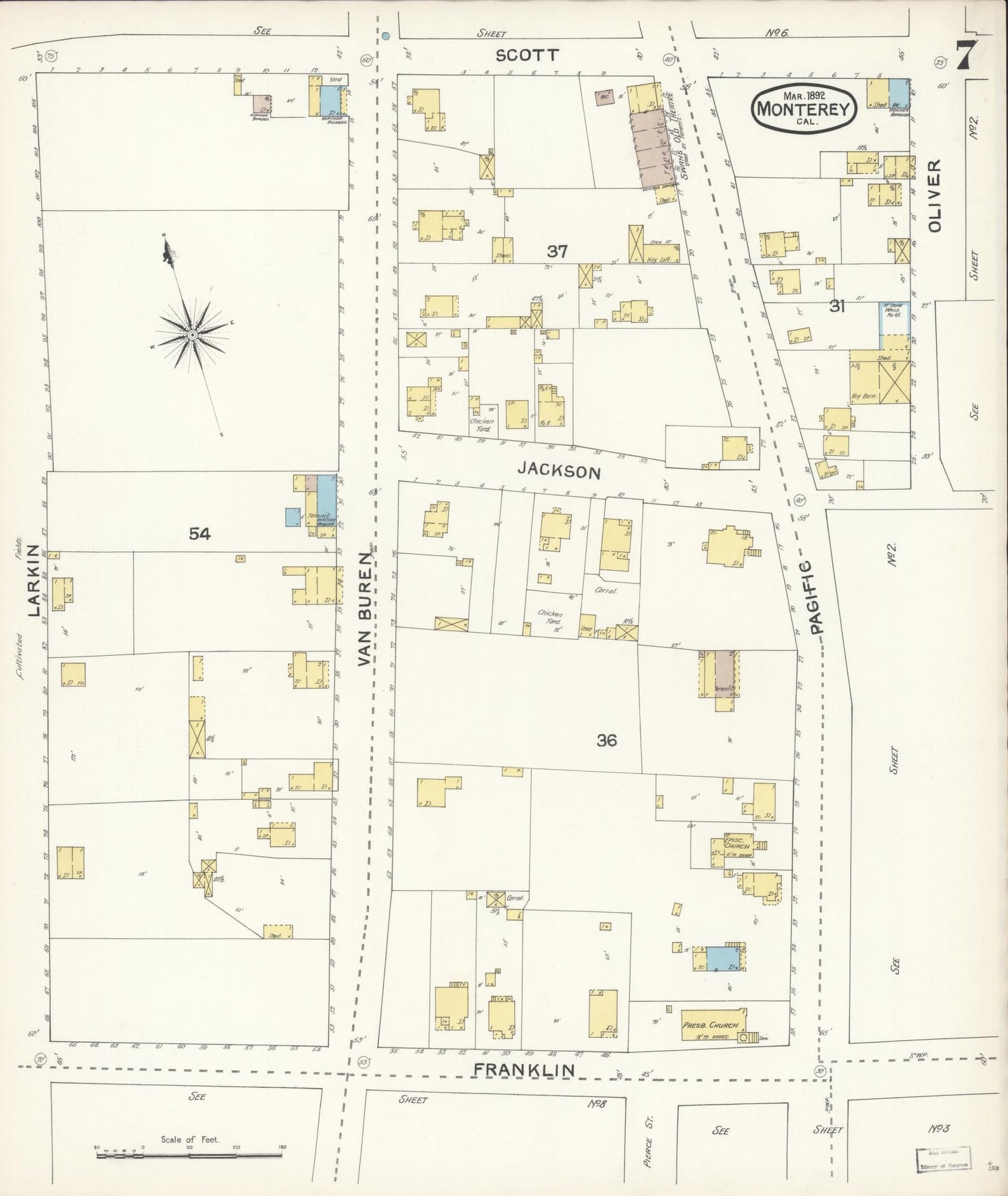 Sanborn Fire Insurance Map from Monterey, Monterey County, California (1892), Sheet #0007 - Complete Map Set gallery image, historic Sanborn map, vintage wall art, California California
