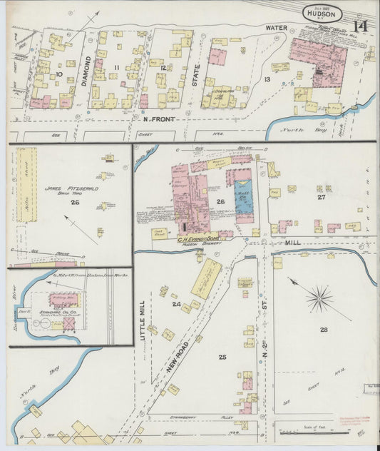 Sanborn Fire Insurance Map from Hudson, Columbia County, New York (1889), Sheet #0014 - Historic Sanborn Fire Insurance Map Print, vintage old map wall art, antique decor, genealogy gift, New York New York map