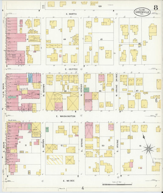 Sanborn Fire Insurance Map from Greenville, Greenville County, South Carolina (1908), Sheet #0008 - Historic Sanborn Fire Insurance Map Print, vintage old map wall art, antique decor, genealogy gift, South Carolina South Carolina map