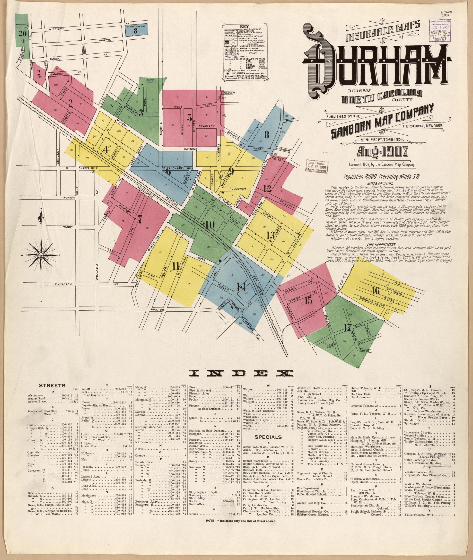 Sanborn Fire Insurance Map from Durham, Durham County, North Carolina (1907), Sheet #0001 - Historic Sanborn Fire Insurance Map Print, vintage old map wall art, antique decor, genealogy gift, North Carolina North Carolina map