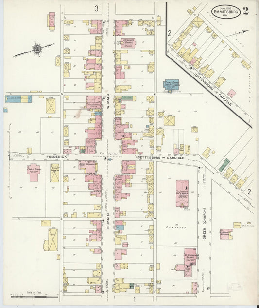 Sanborn Fire Insurance Map from Emmittsburg, Frederick County, Maryland (1910), Sheet #0002 - Historic Sanborn Fire Insurance Map Print, vintage old map wall art