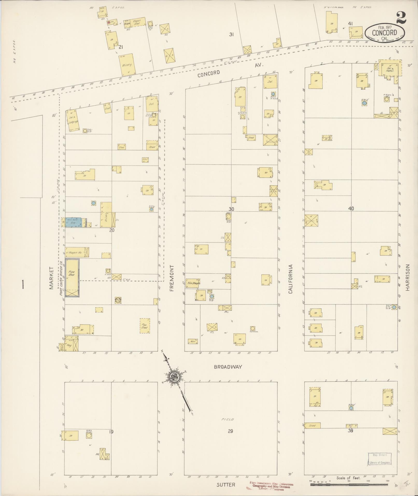 Sanborn Fire Insurance Map from Concord, Contra Costa County, California (1917), Sheet #0002 - Complete Map Set gallery image, historic Sanborn map, vintage wall art, California California
