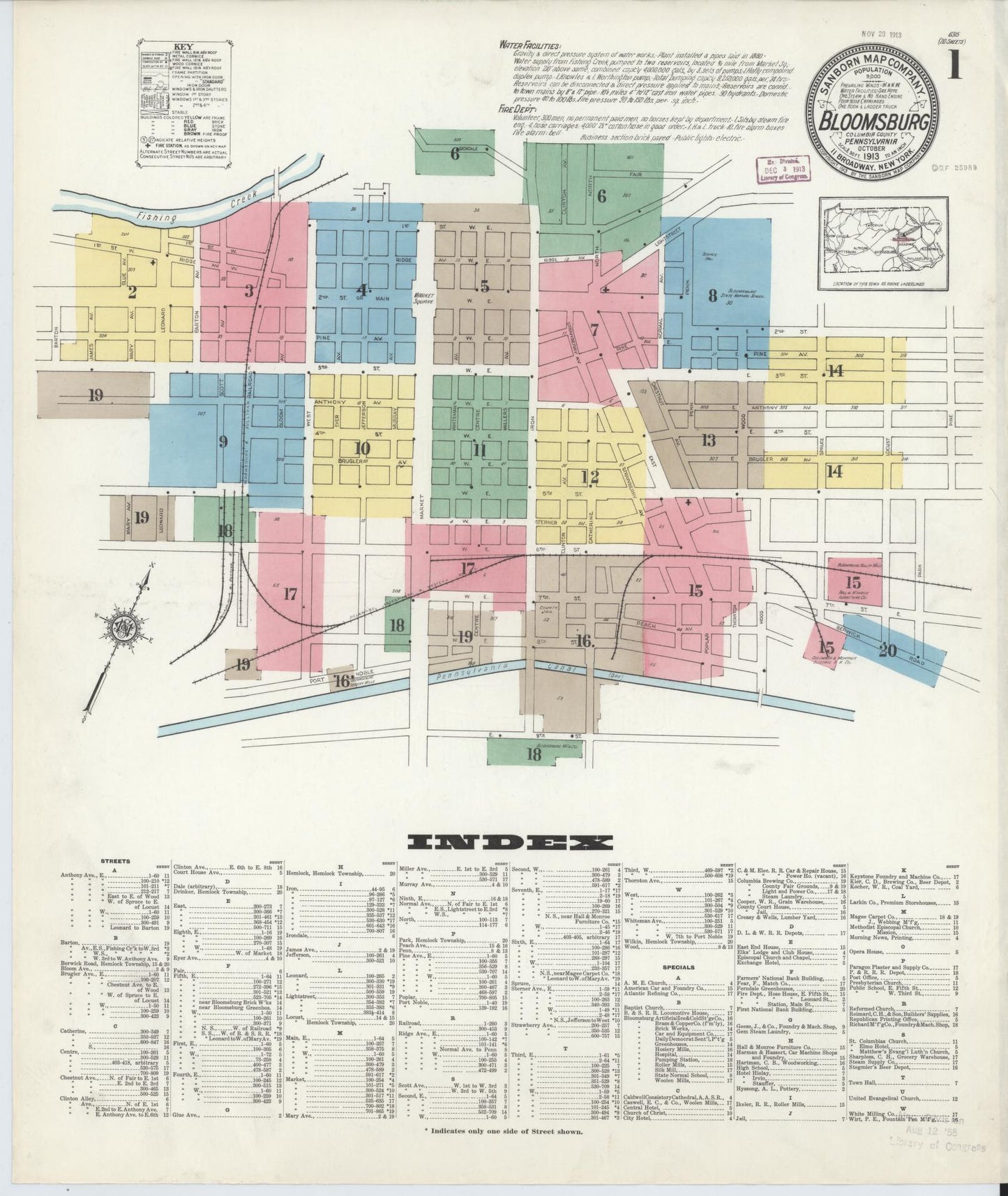 Sanborn Fire Insurance Map from Bloomsburg, Columbia County, Pennsylvania (1913), Sheet #0001 - Historic Sanborn Fire Insurance Map Print, vintage old map wall art, antique decor, genealogy gift, Pennsylvania Pennsylvania map