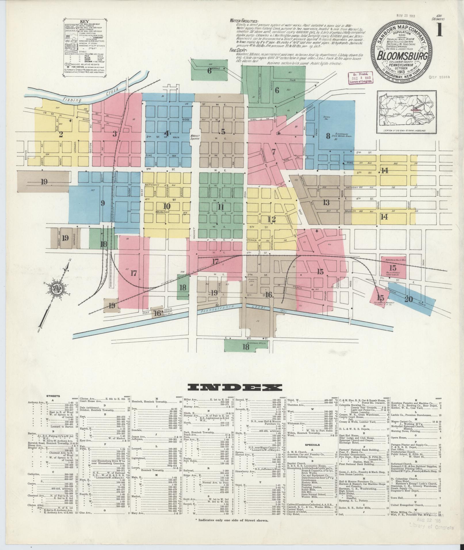 Sanborn Fire Insurance Map from Bloomsburg, Columbia County, Pennsylvania (1913), Sheet #0001 - Historic Sanborn Fire Insurance Map Print, vintage old map wall art, antique decor, genealogy gift, Pennsylvania Pennsylvania map