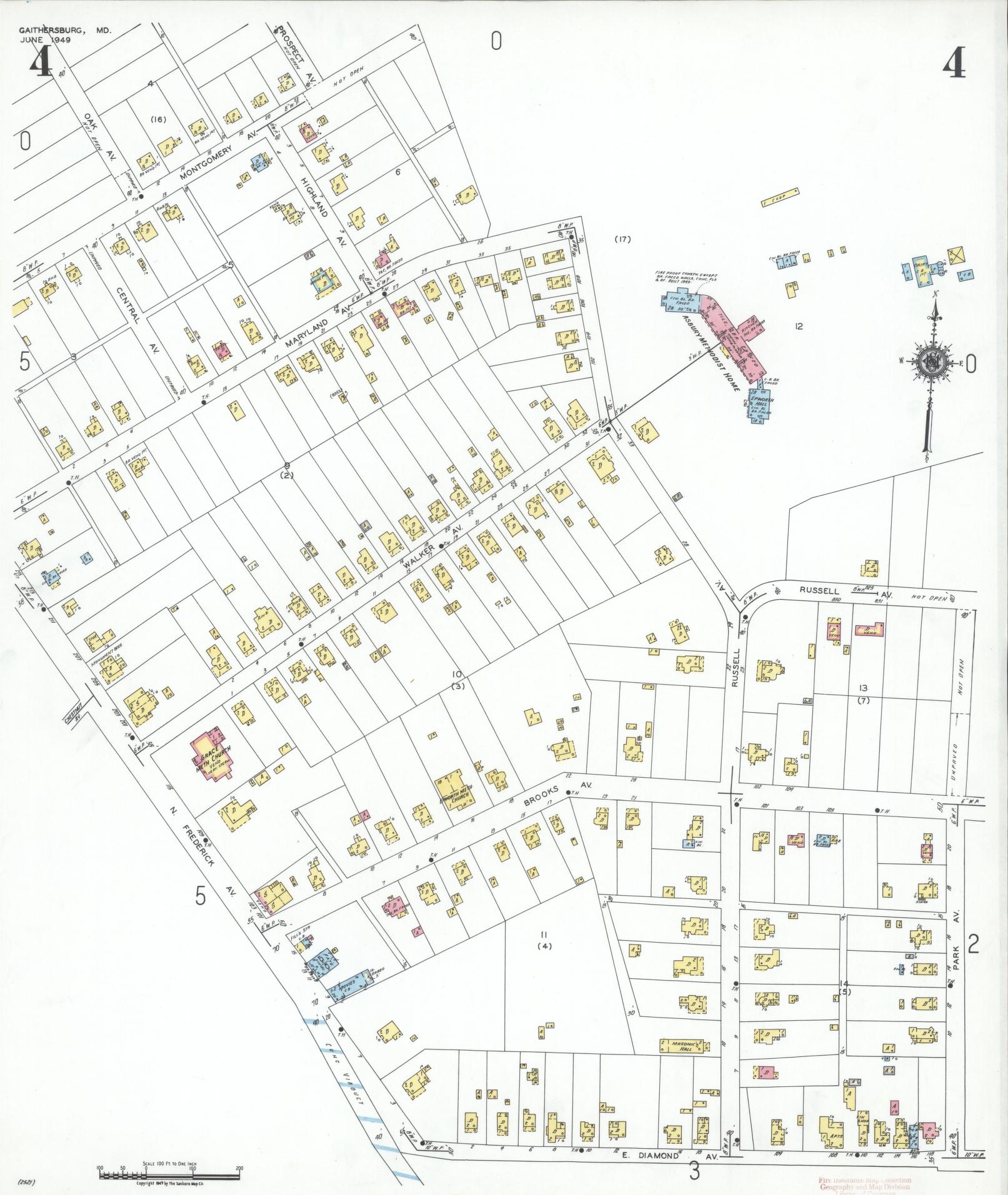 Sanborn Fire Insurance Map from Gaithersburg, Montgomery County, Maryland (1949), Sheet #0004 - Historic Sanborn Fire Insurance Map Print, vintage old map wall art, antique decor, genealogy gift, Maryland Maryland map