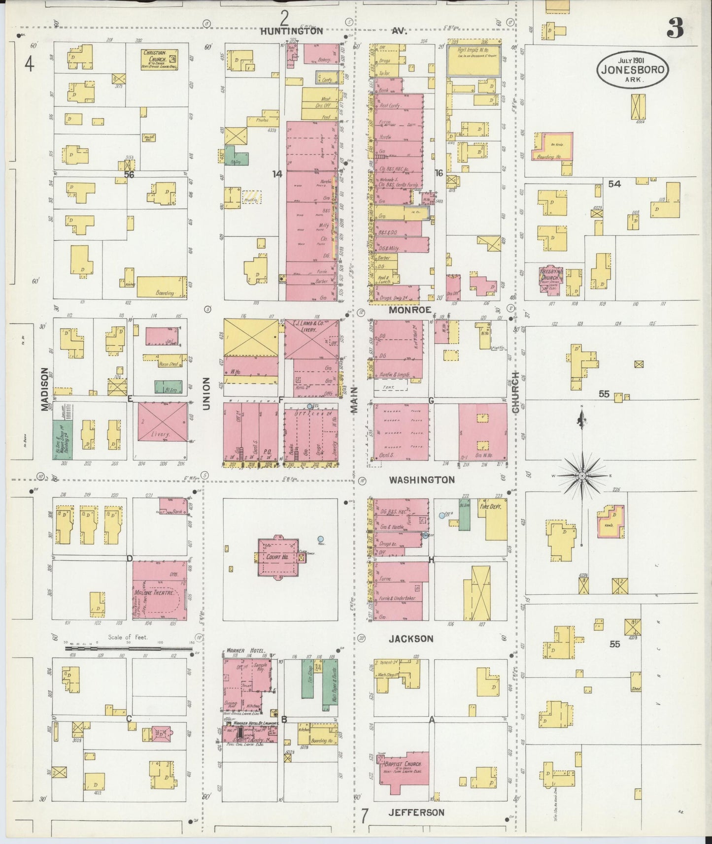 Sanborn Fire Insurance Map from Jonesboro, Craighead County, Arkansas (1901), Sheet #0003 - Complete Map Set gallery image, historic Sanborn map, vintage wall art, Arkansas Arkansas