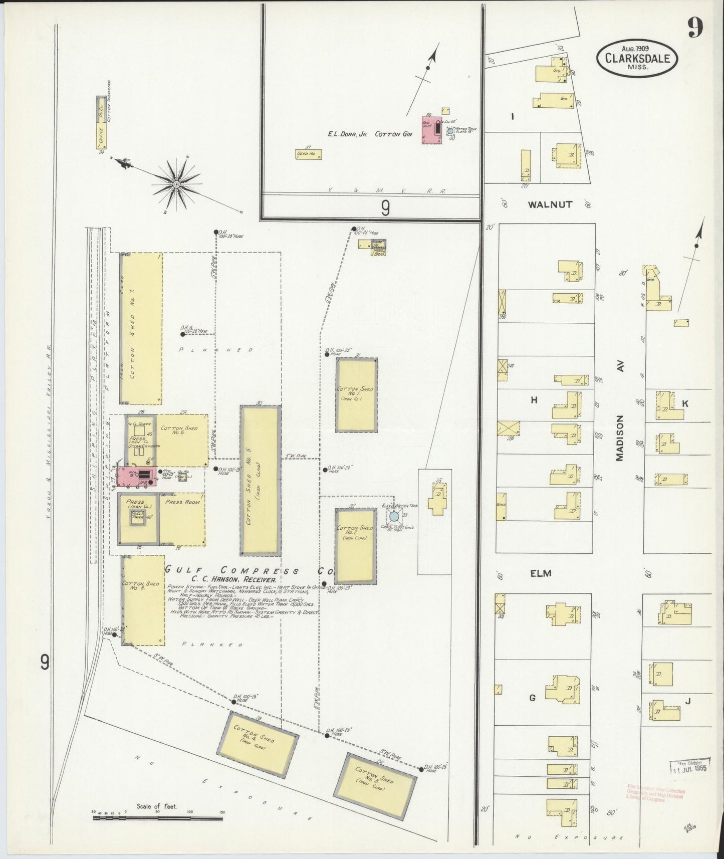 Sanborn Fire Insurance Map from Clarksdale, Coahoma County, Mississippi (1909), Sheet #0009 - Historic Sanborn Fire Insurance Map Print, vintage old map wall art, antique decor, genealogy gift, Mississippi Mississippi map